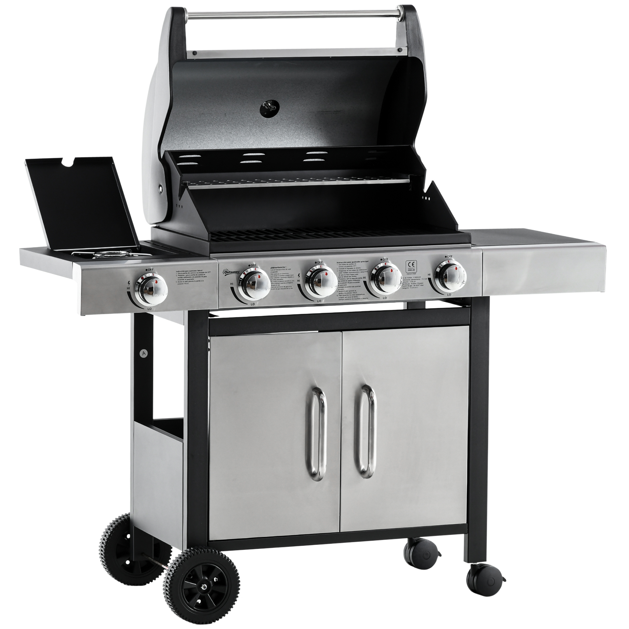 Barbacoa de Gas con Ruedas 5 Quemadores Armario Acero Inox. BBQ 3kW