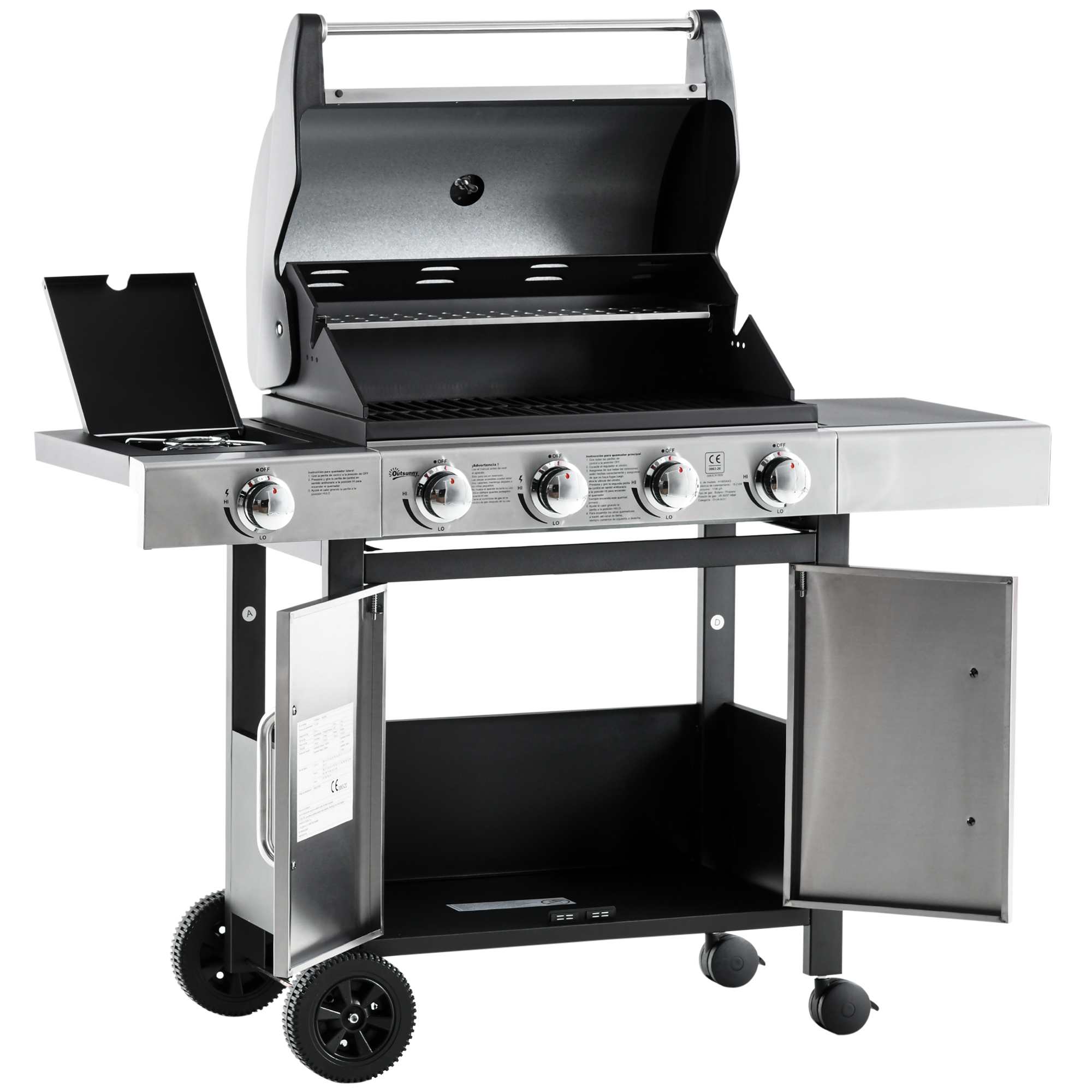 Barbacoa de Gas con Ruedas 5 Quemadores Armario Acero Inox. BBQ 3kW