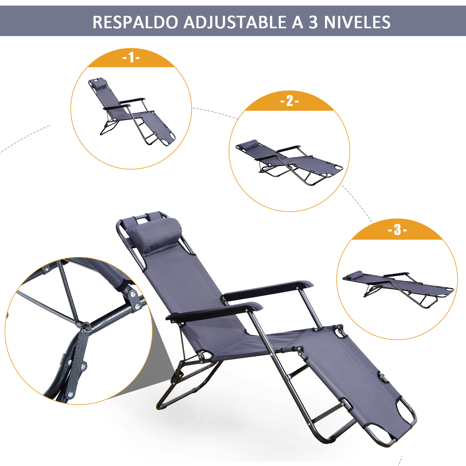 Tumbona Inclinable Acero Plegable Almohada Playa Piscina Hamaca Gris