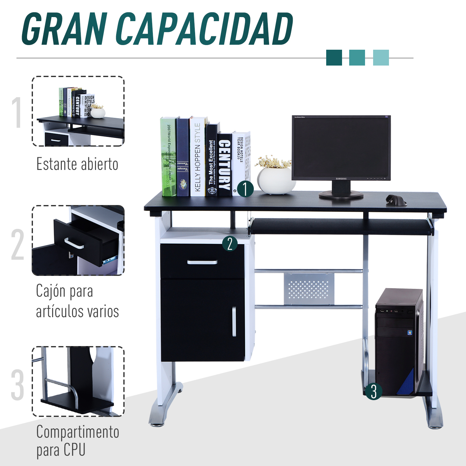 HOMCOM Escritorio de Oficina Mesa de Ordenador Escritorio Madera Negro