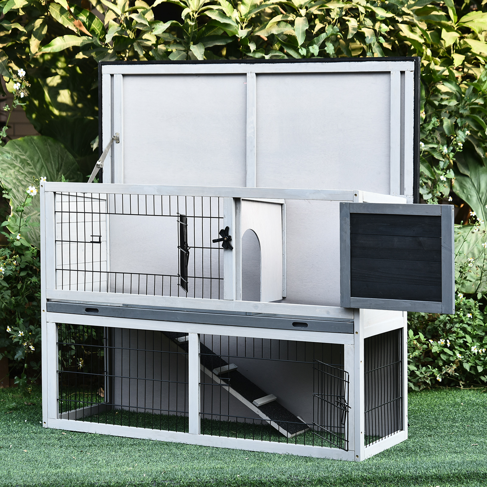 Conejera de Madera Exterior para Conejos con Rampa 2 Puertas y Bandeja