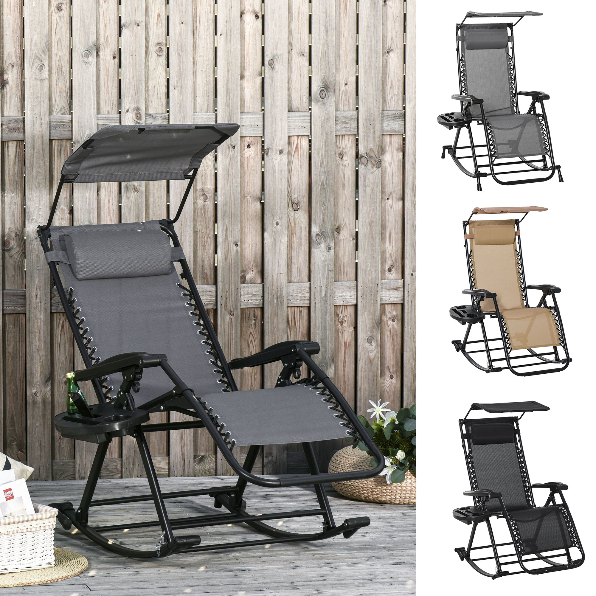 Silla Mecedora de Jardín Plegable con Techo Reposacabezas Extraíble