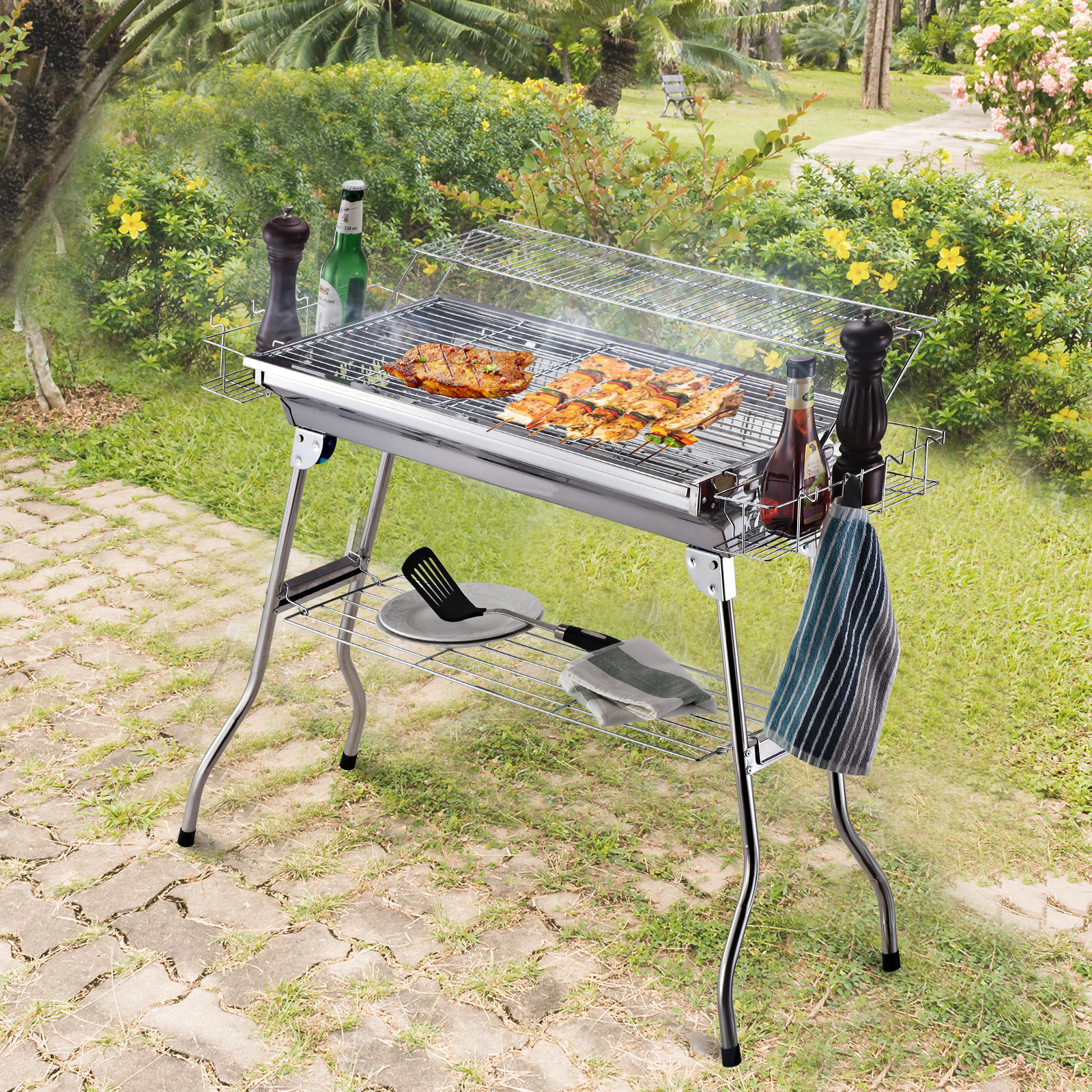 Outsunny Barbecue à Charbon ieds Pliables 2 Paniers Latéraux Outsunny Barbecue à Charbon BBQ Barbecue de Jardin Portable