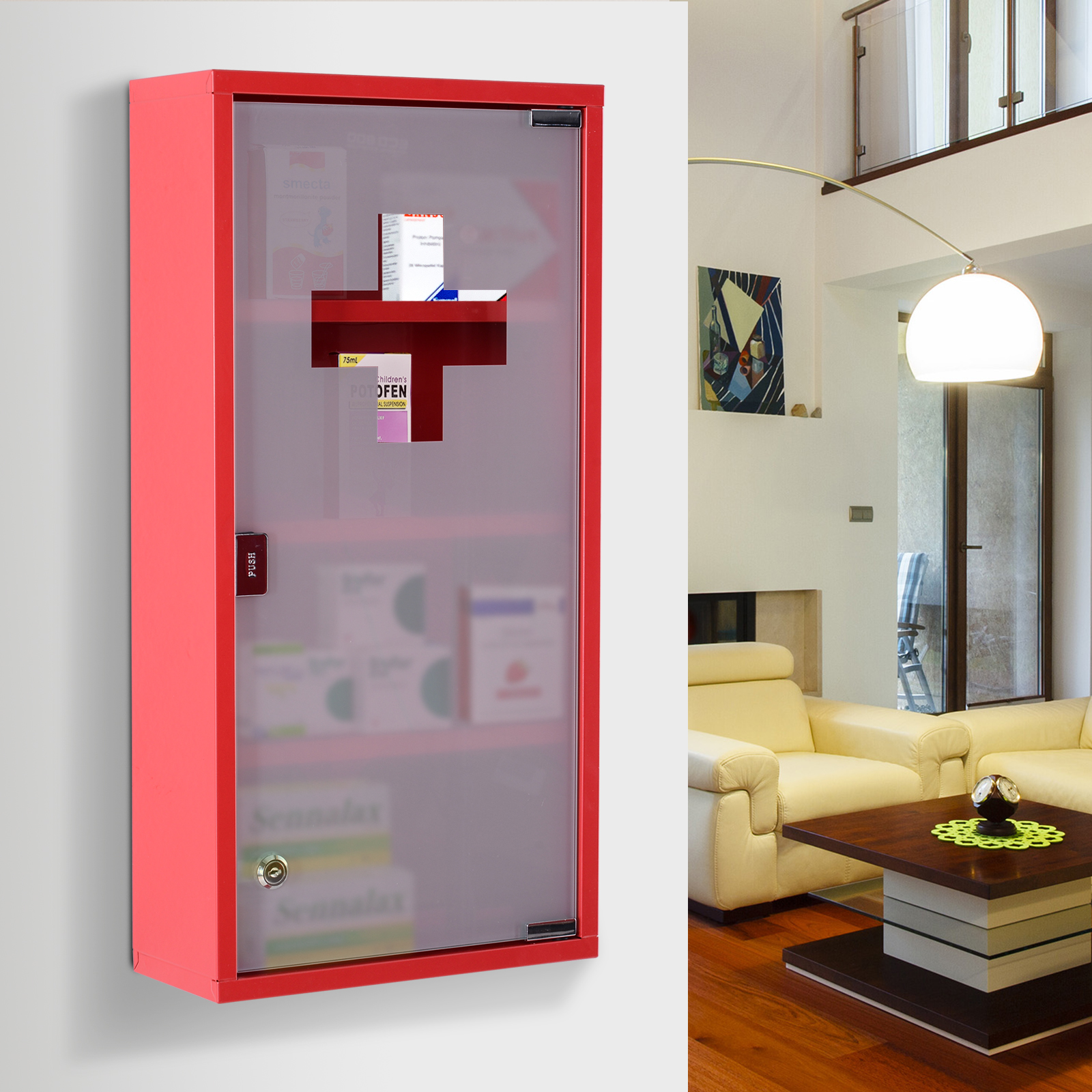 Metall Medizinschrank Arzneischrank Ersthilfe Schrank 4 Fach Rot