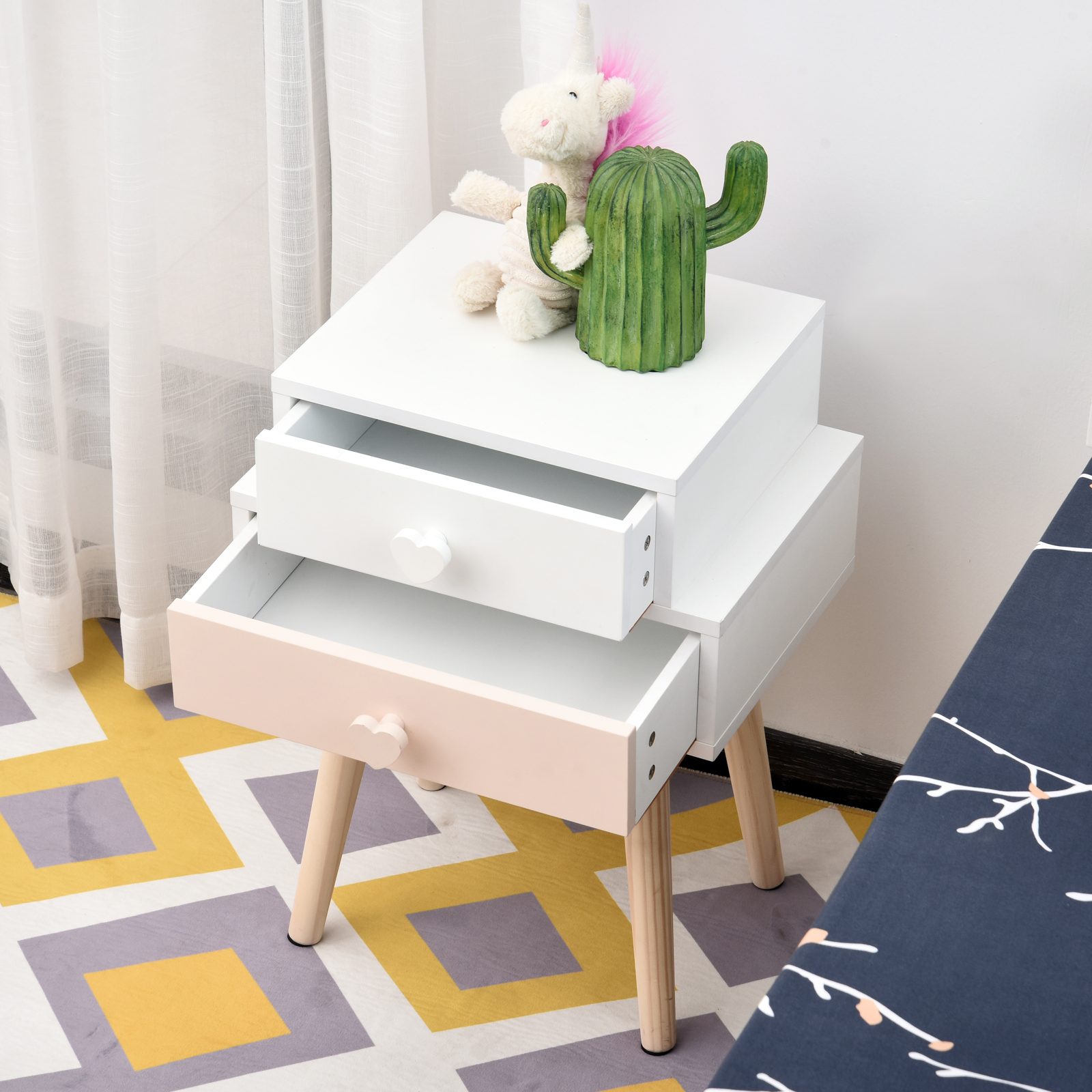 HOMCOM Kinderzimmer Nachttisch 2er Set Beistelltisch 2 Schubladen MDF