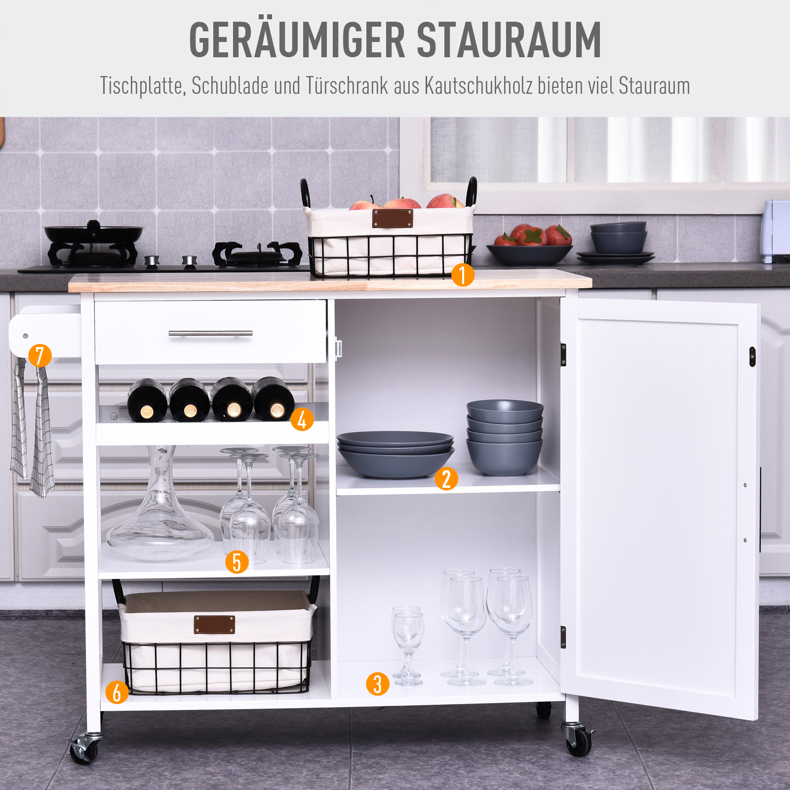 HOMCOM Küchenwagen Schublade Küchenschrank Rollwagen mit Weinregal