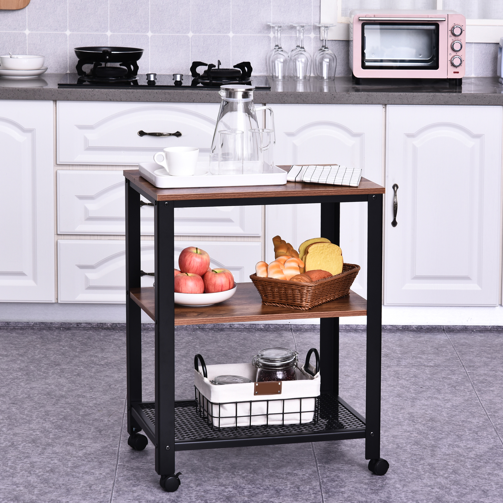 HOMCOM Küchenrollwagen 3-stufiger Küchenwagen Servierwagen Spanplatte