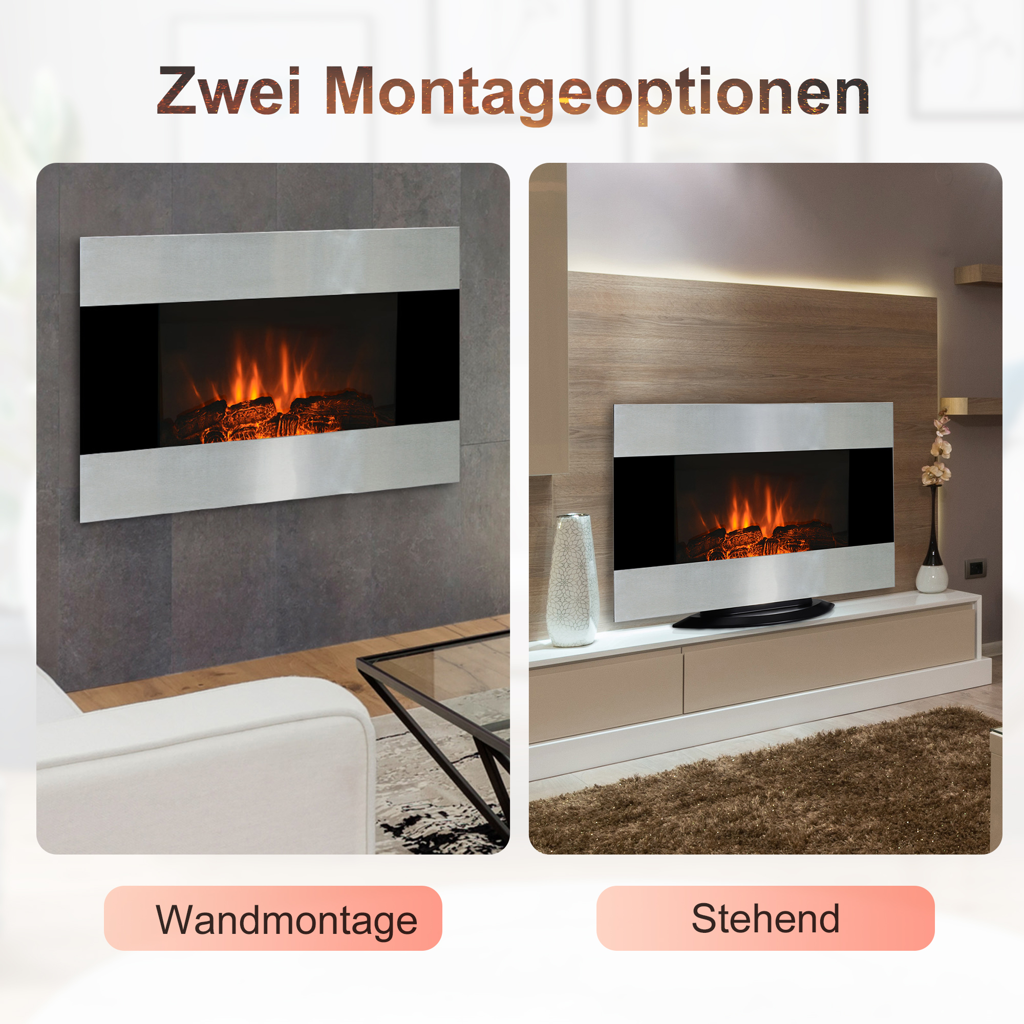 Elektrokamin Wandkamin Standmontage LED Kamin Kaminofen 1000/2000W