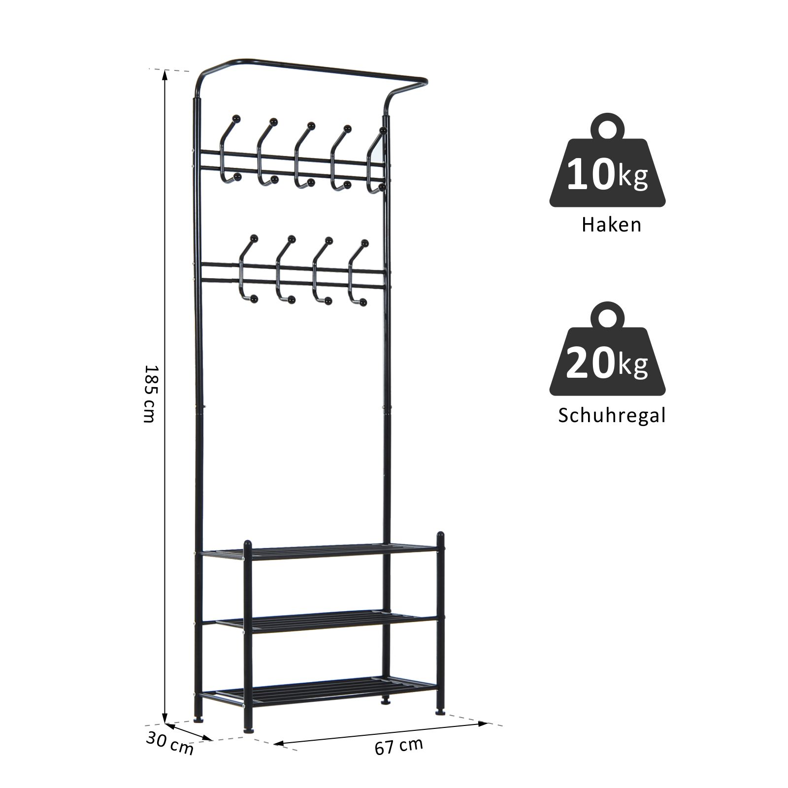 Kleiderständer mit Schuhablage 18 haken Wandgarderobe Metall Weiß
