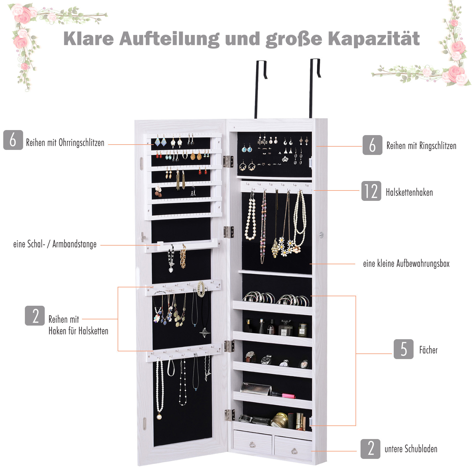 HOMCOM Schmuckschrank Spiegelschrank Wandschrank mit LED MDF Weiß | eBay