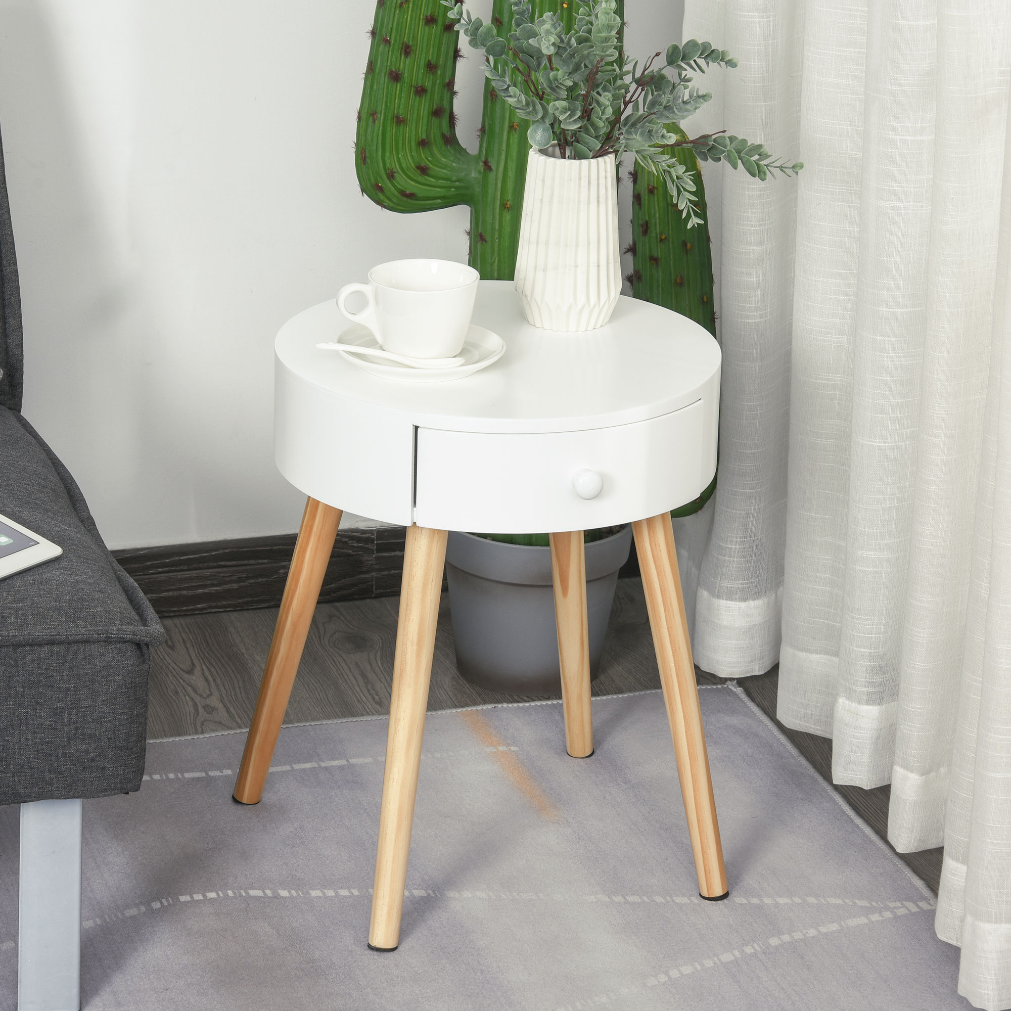 HOMCOM Nachttisch mit Schublade Nachtschrank Beistelltisch rund Beinen