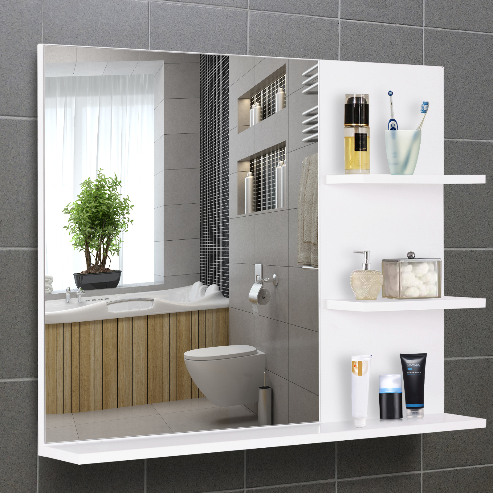 Badspiegel mit 3 Ablagen Wandspiegel Spiegelregal Badezimmer MDF Weiß