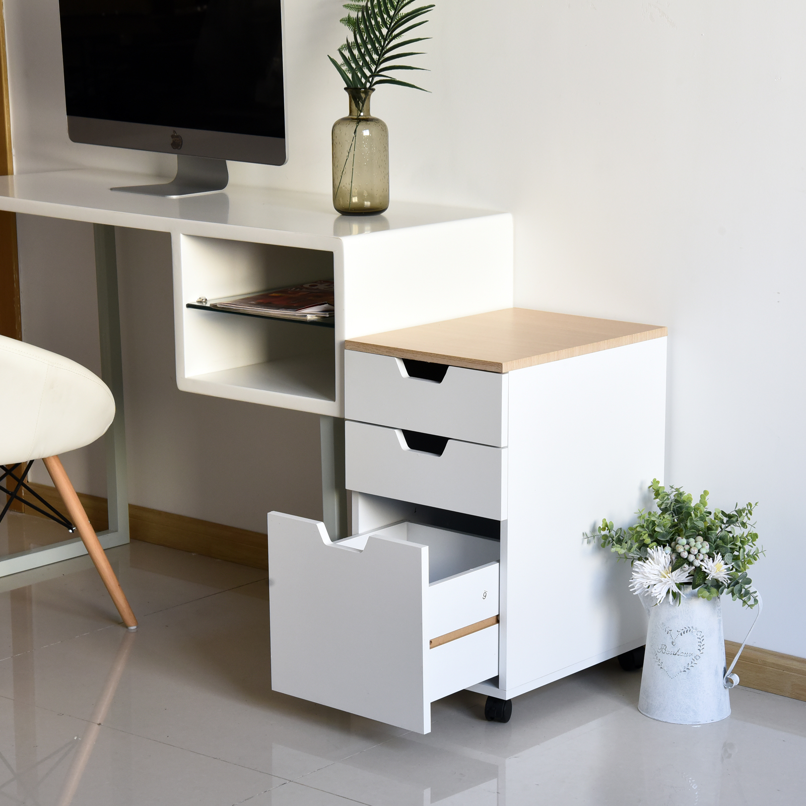 Rollcontainer Aktenschrank Büroschrank mit 3 Schubladen 4 Räder MDF