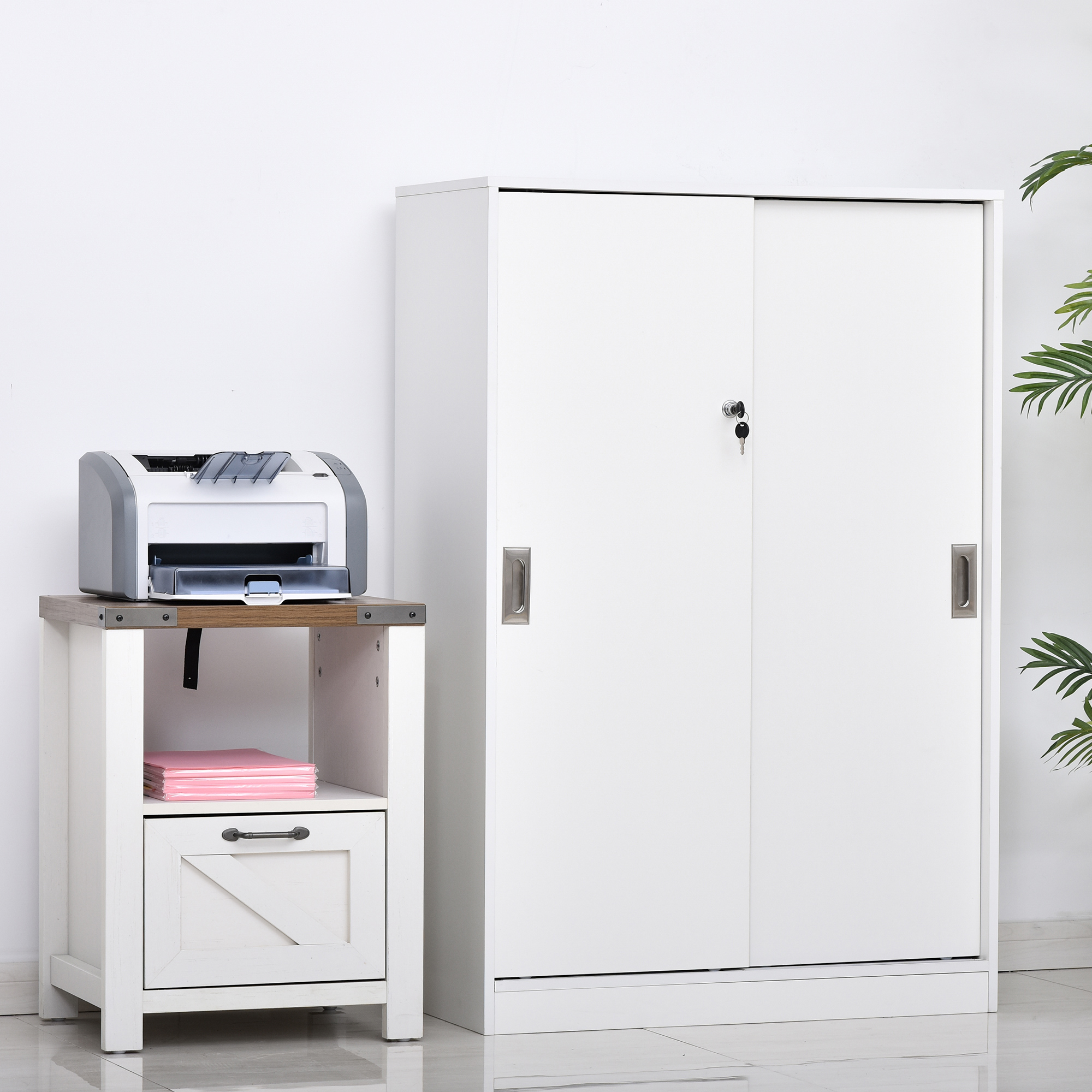 Aktenschrank Büroschrank Bürocontainer mit 3 Regal 2 Türenschränke Weiß