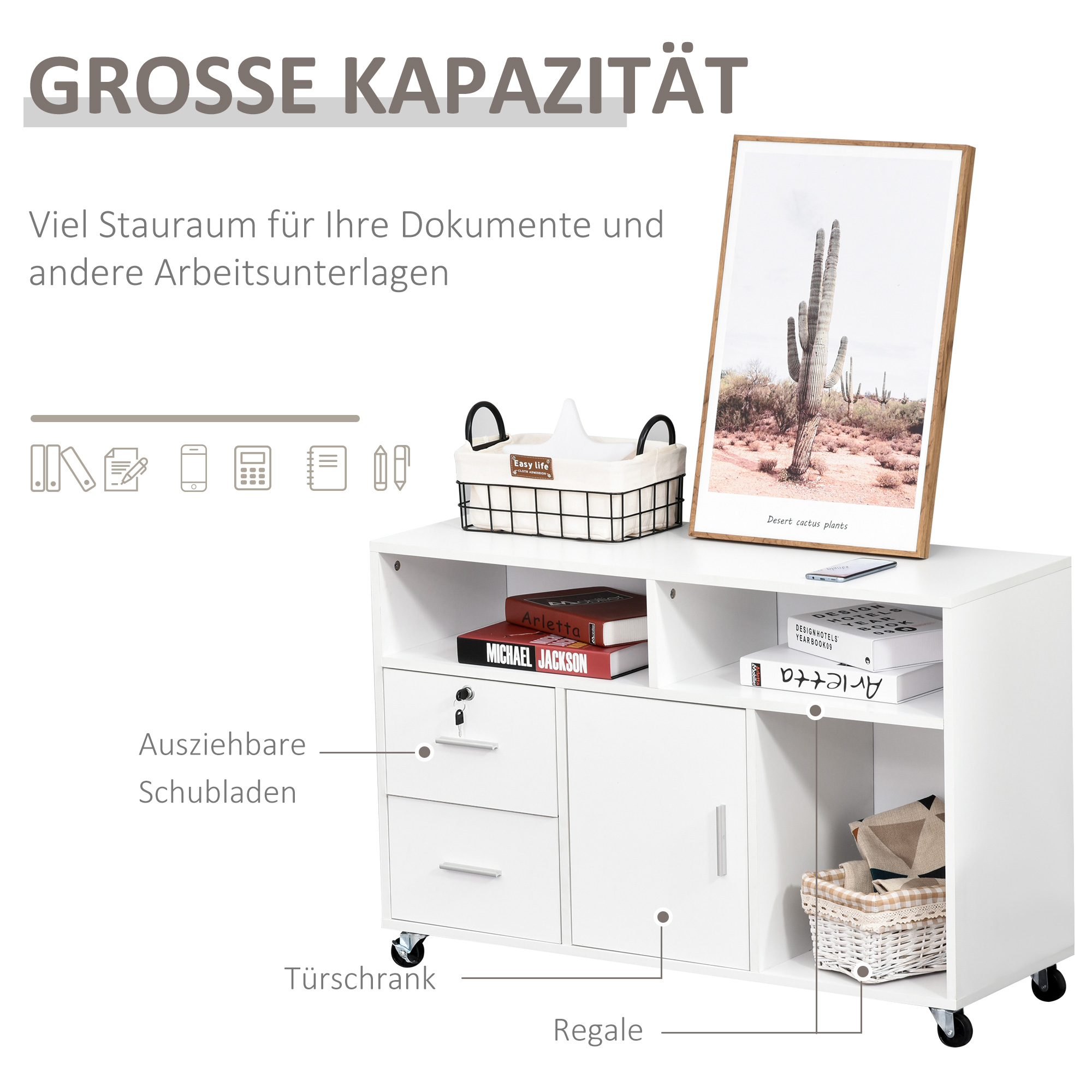 HOMCOM Bürocontainer mit Rollen Aktenschrank Büroschrank Spanplatte