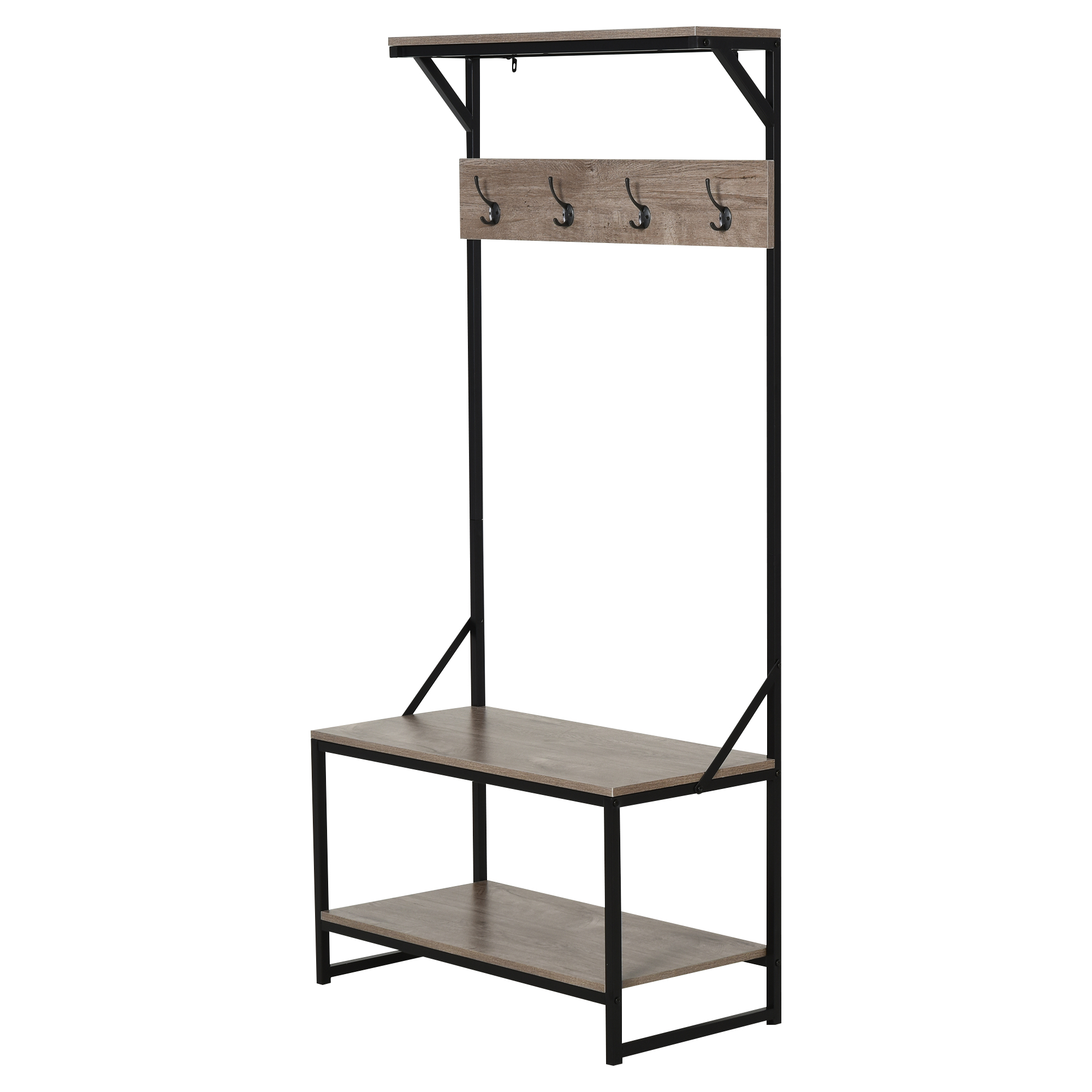 Garderobenständer mit 4 Haken Schuhregal Kleiderständer 2 Ablagen MDF