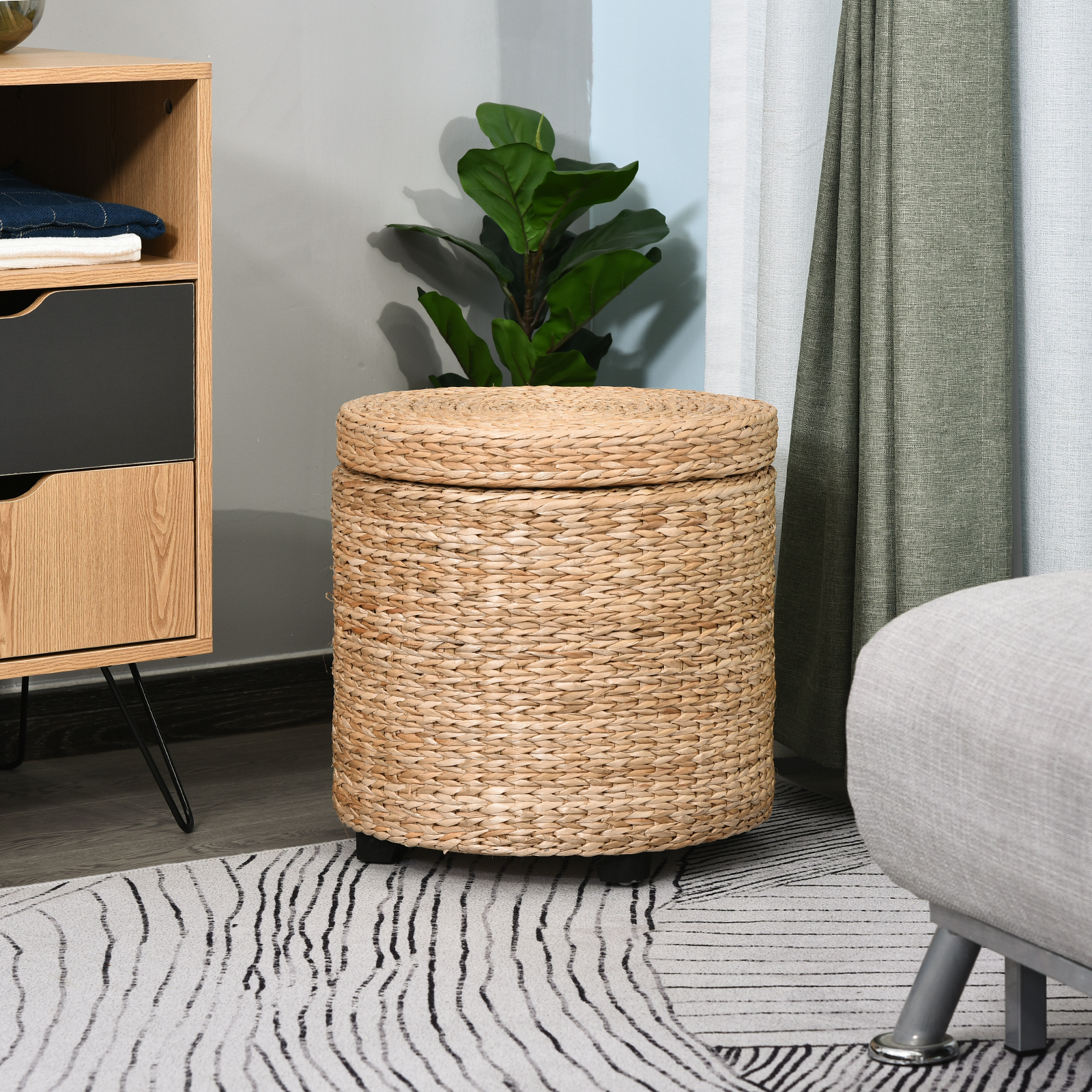 Sitzhocker mit Stauraum Fußhocker Aufbewahrungsbox Stroh Rattan Khaki