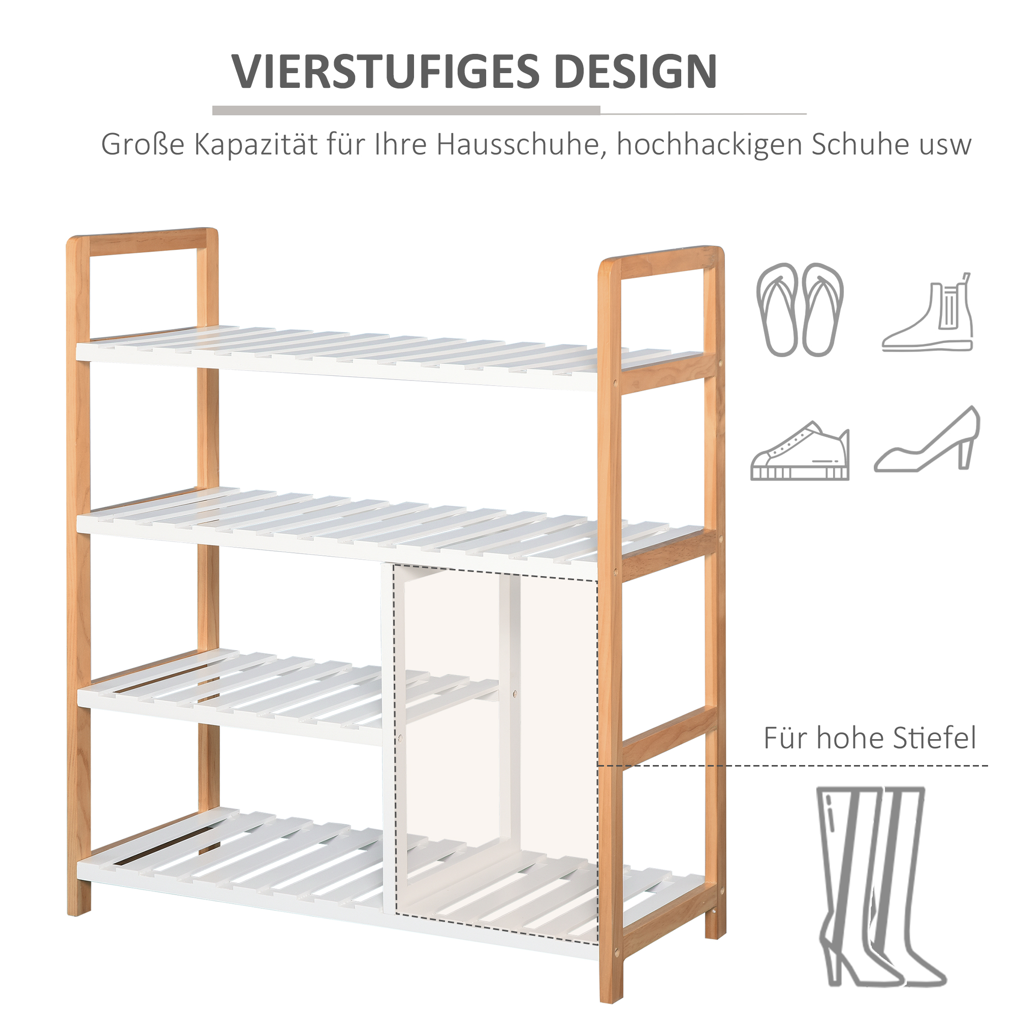 HOMCOM Schuhregal aus Kiefer Schuhablage mit 4 Ablagen Regal für Schuhe