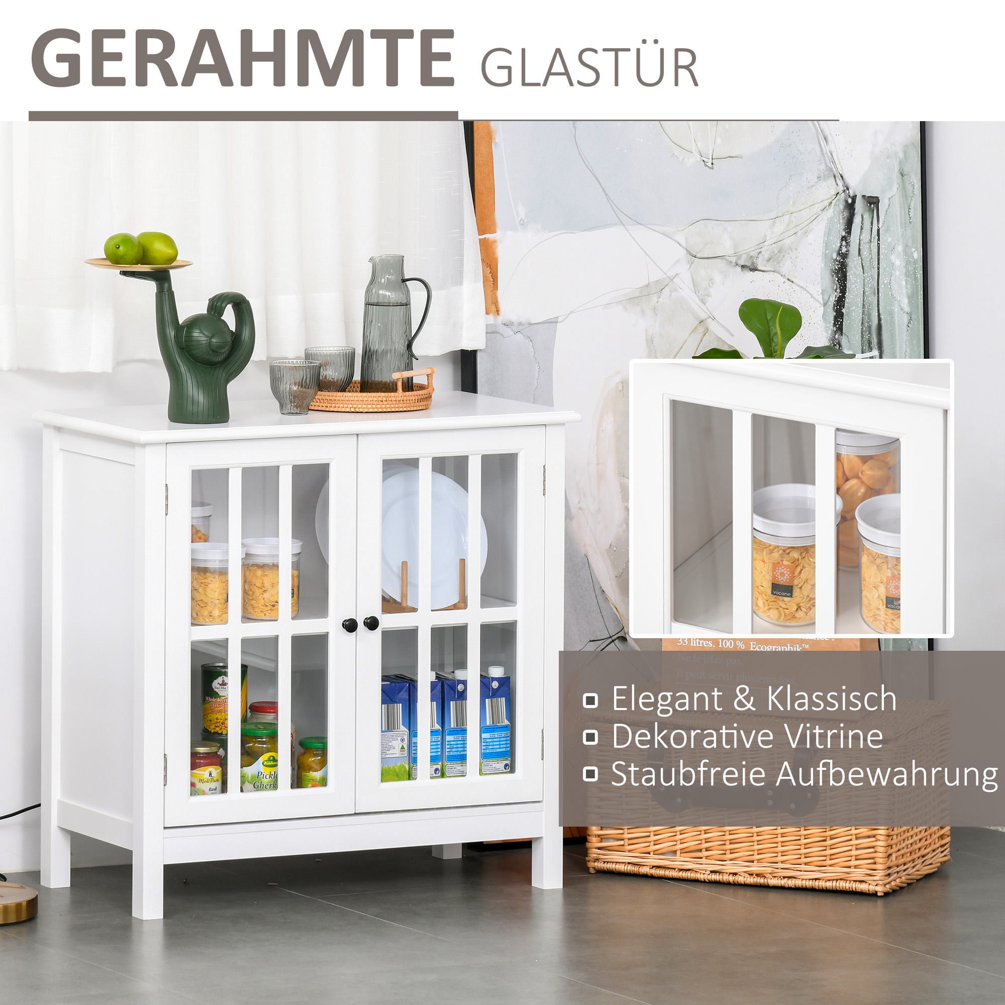 HOMCOM Küchenschrank Geschirrschrank mit 2 Schichten Buffet Glastür MDF