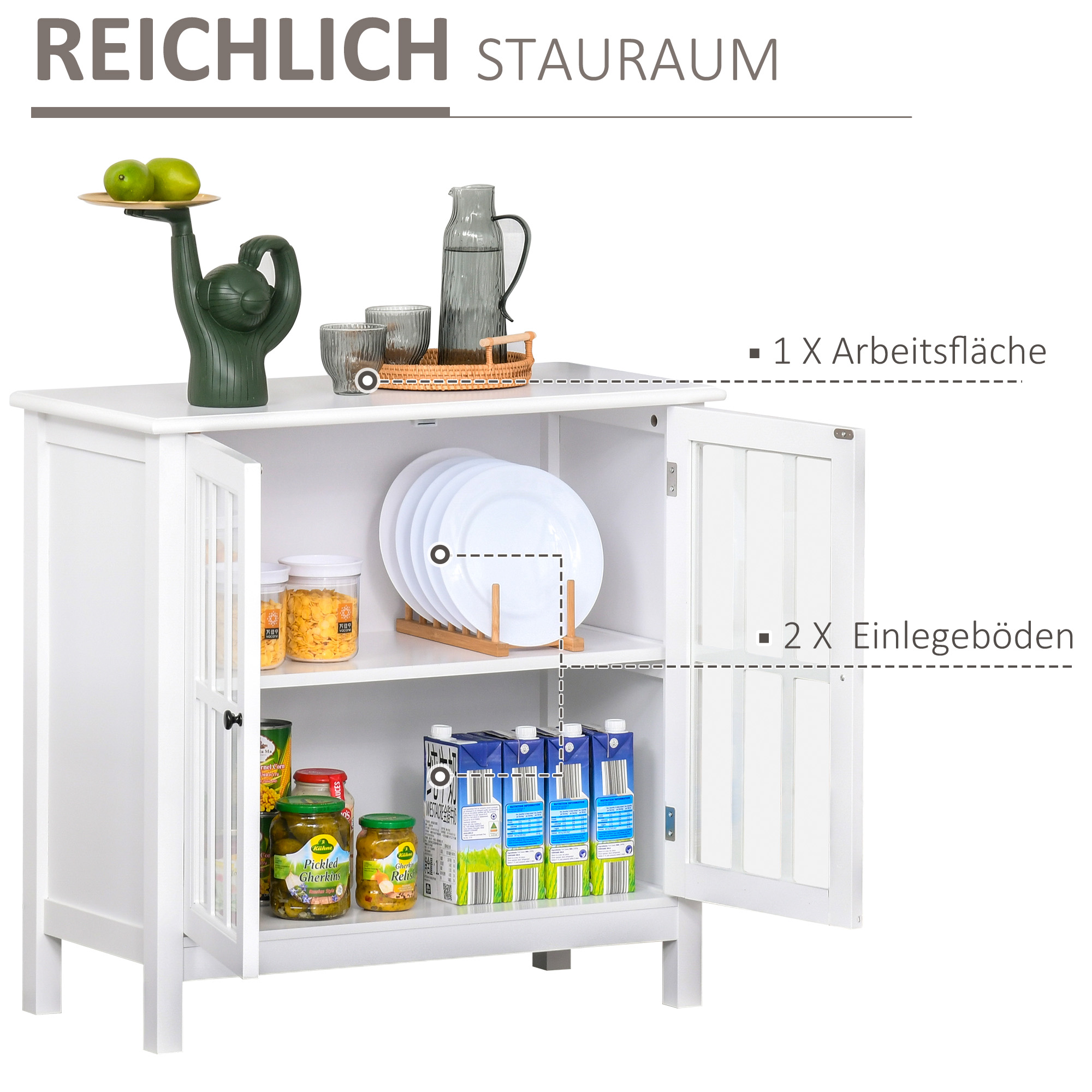 HOMCOM Küchenschrank Geschirrschrank mit 2 Schichten Buffet Glastür MDF