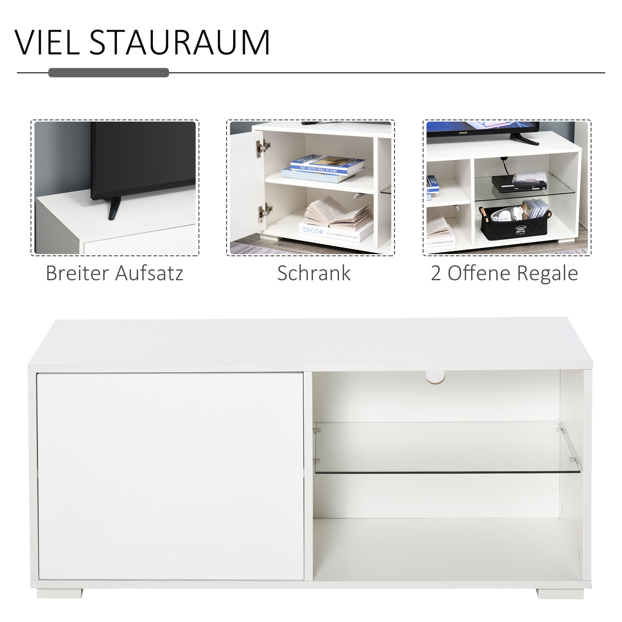 TV Schrank TV-Kommode mit Schubladen und Offene Regale Spanplatte Glas