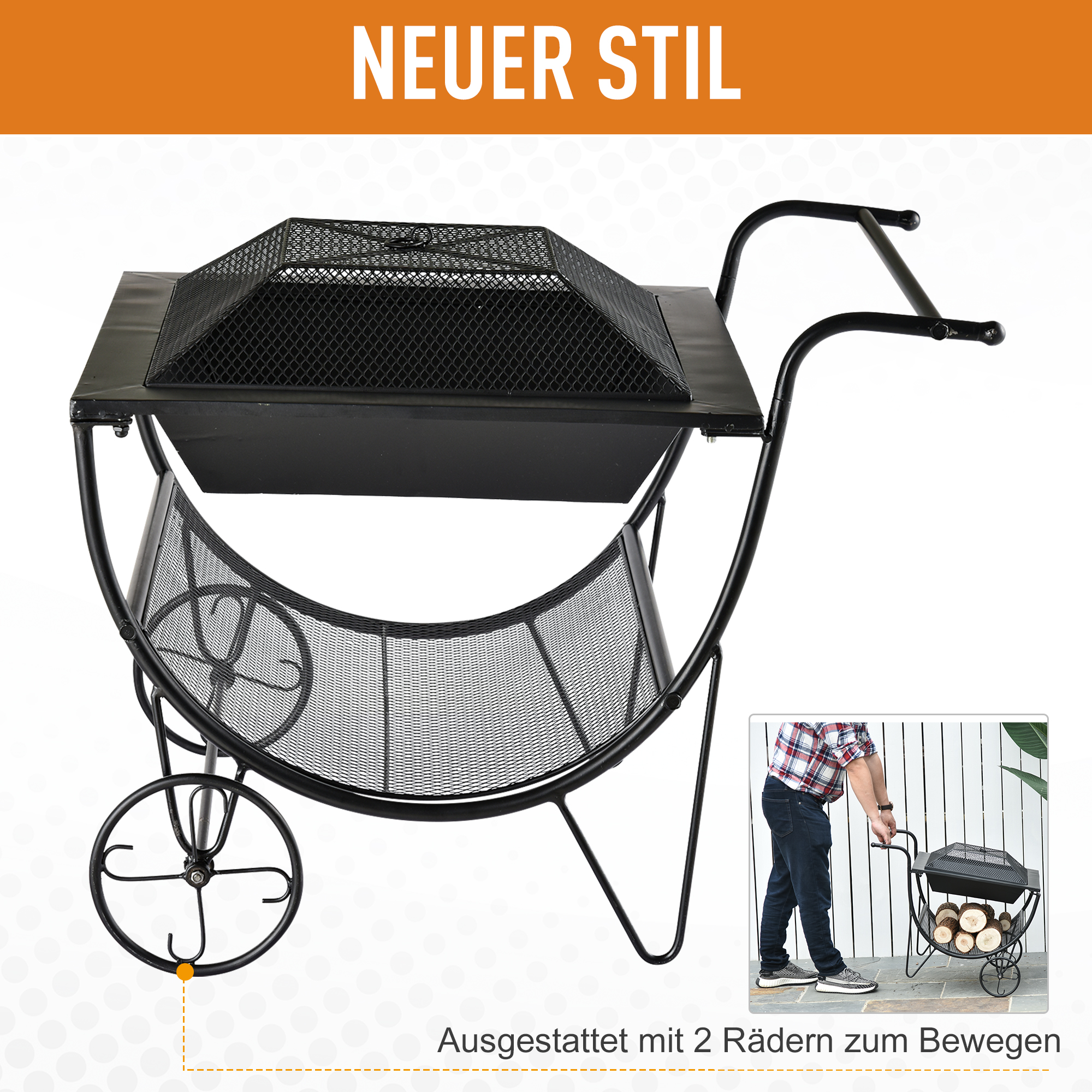 Outsunny 2-in-1 Feuerstelle Feuerkorb mit Funkenschutzgitter Holzregal