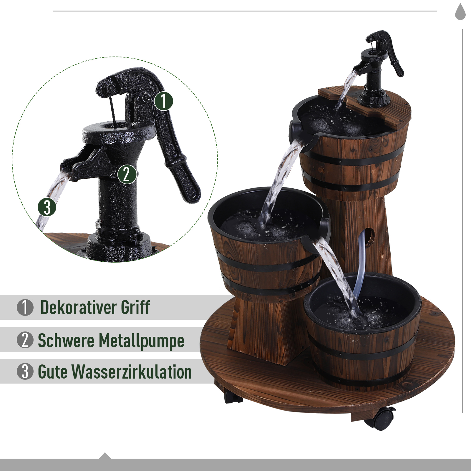 Holzfass-Brunnen mit Wasserpumpe Kaskadenbrunnen ZImmerbrunnen Vintage