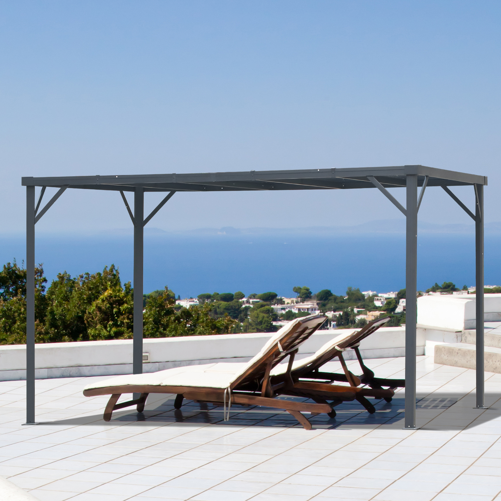 Outsunny Pavillon Pergola mit PC Dach UV-Schutz Wasserfest Alu Schwarz