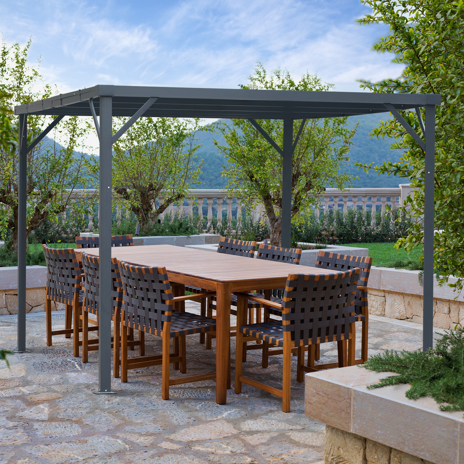Pavillon Pergola mit PC Dach UV-Schutz Wasserfest Alu Schwarz 365 x 265
