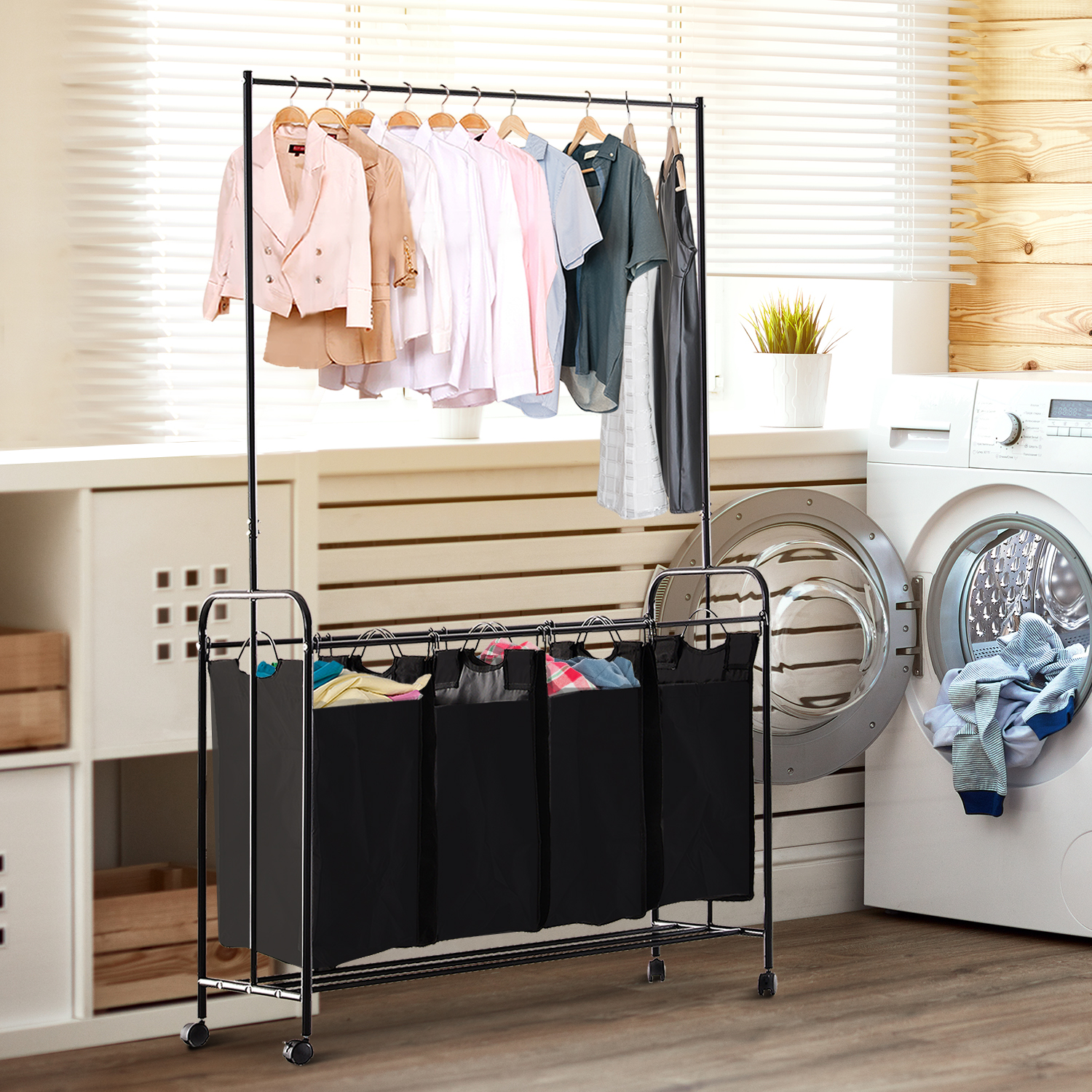 Wäschekorb Wäschesortierer Wäschewagen Kleidungstange 4 Sortiere Fächer