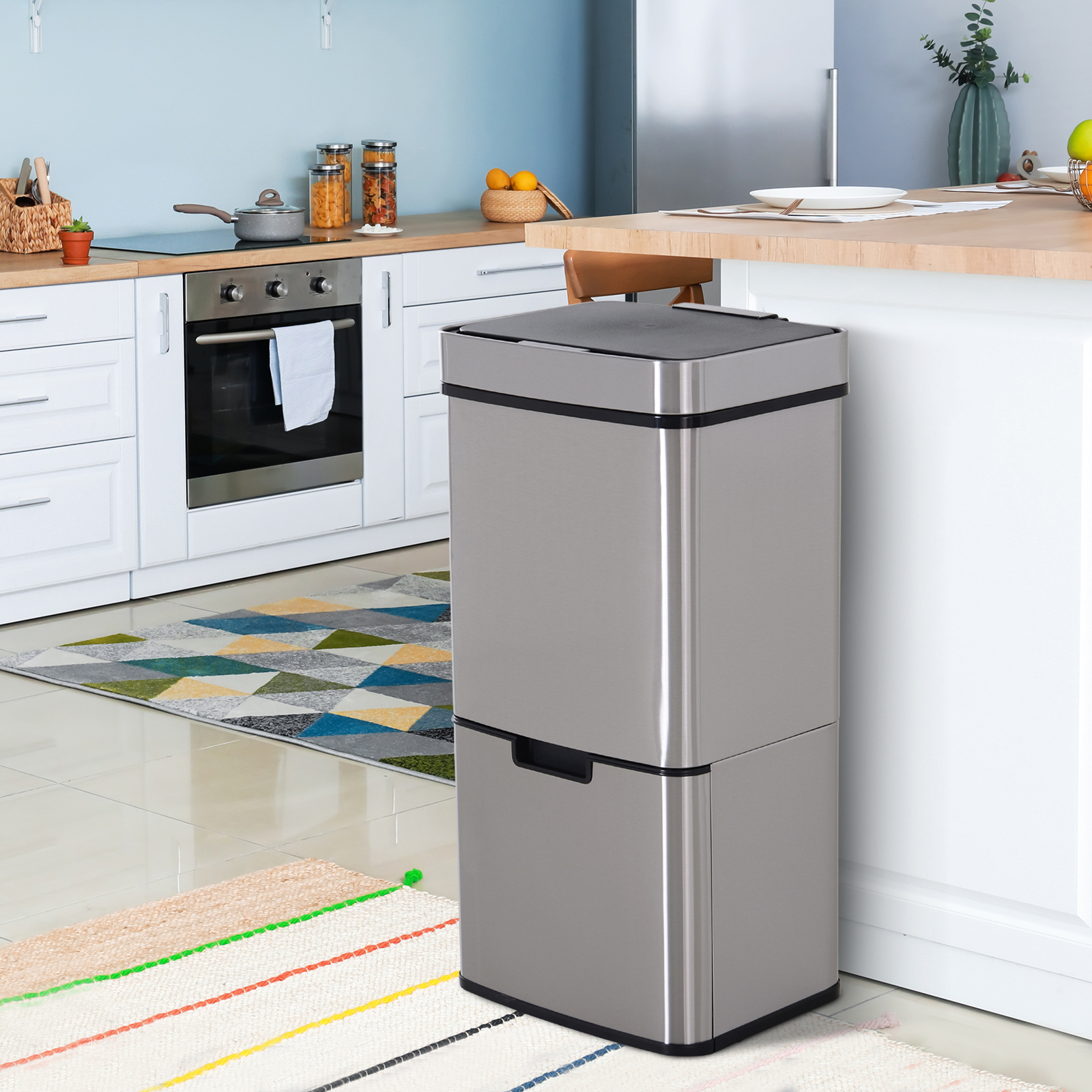 HOMCOM Mülleimer Abfalleimer mit Sensor 72 l Mülltrennsystem Edelstahl