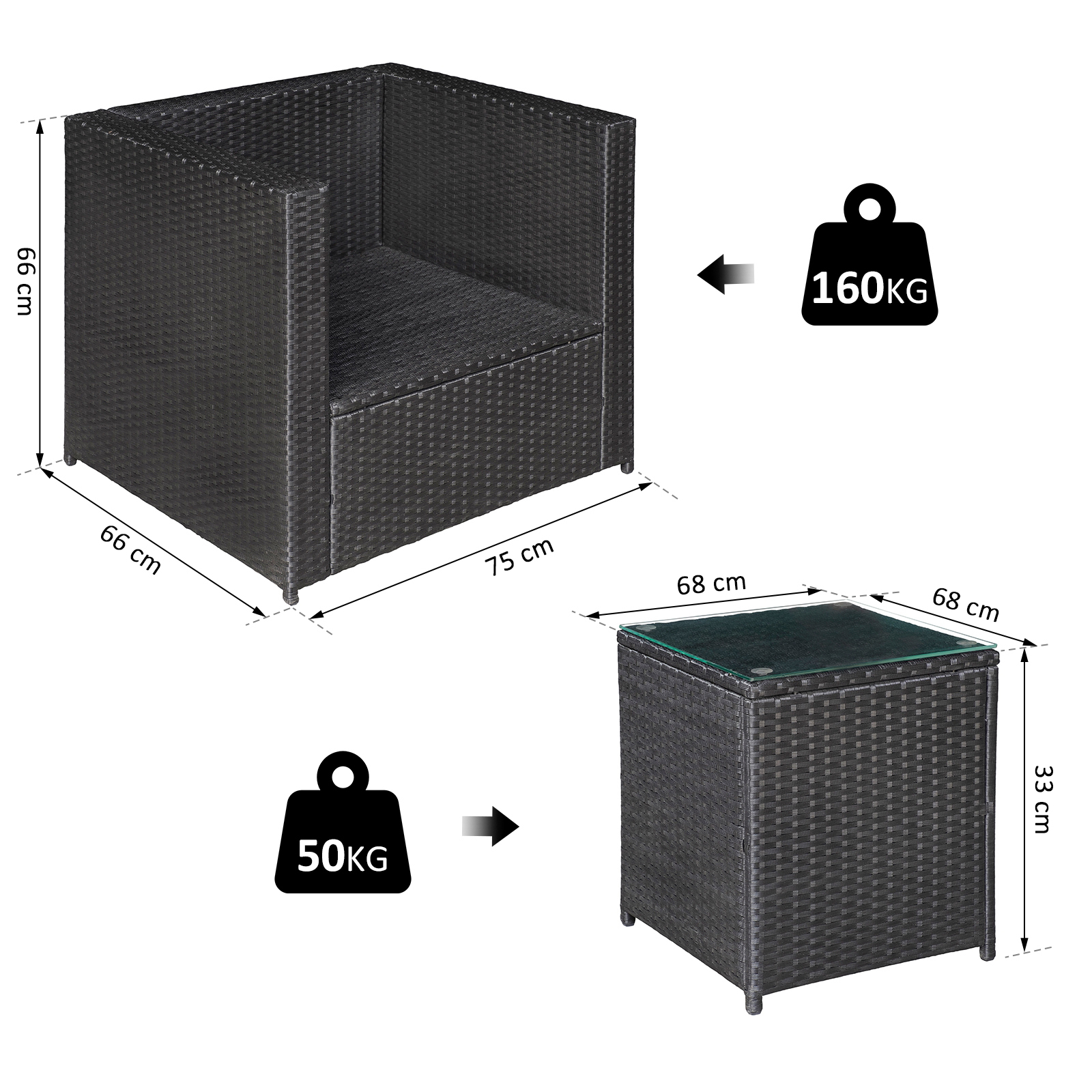 Outsunny Polyrattan Gartenmöbel 3-tlg. Gartenset Sitzgruppe Garnitur