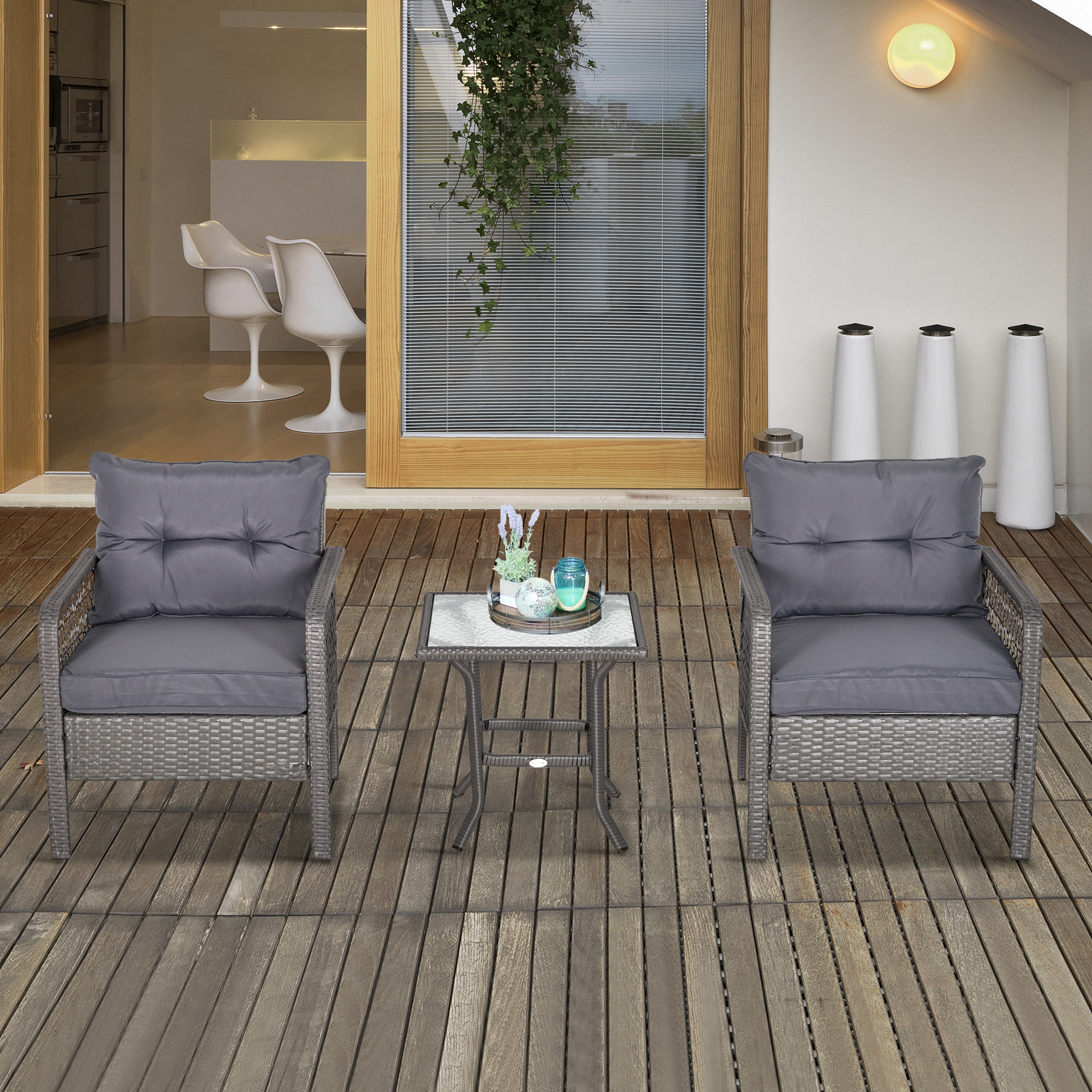 Rattan Gartenmöbel 5-tlg. Sitzgarnitur Sofa mit Hocker Tisch Stahl Grau