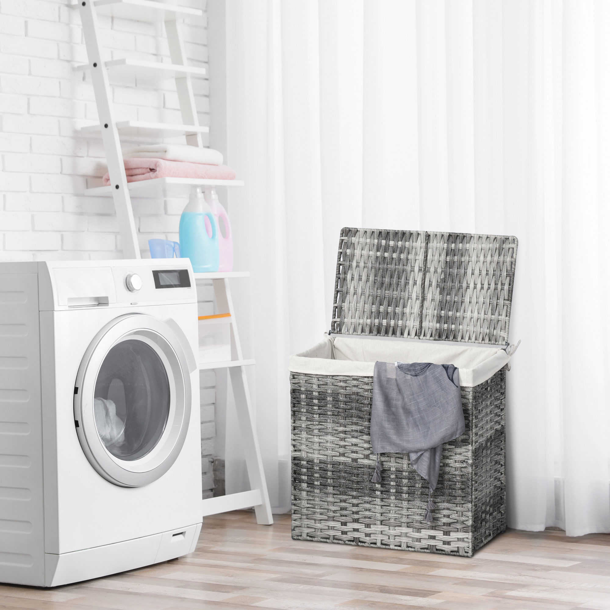 Polyrattan Wäschekorb Wäschebox mit Deckel Wäschesack Griffe Grau/Braun