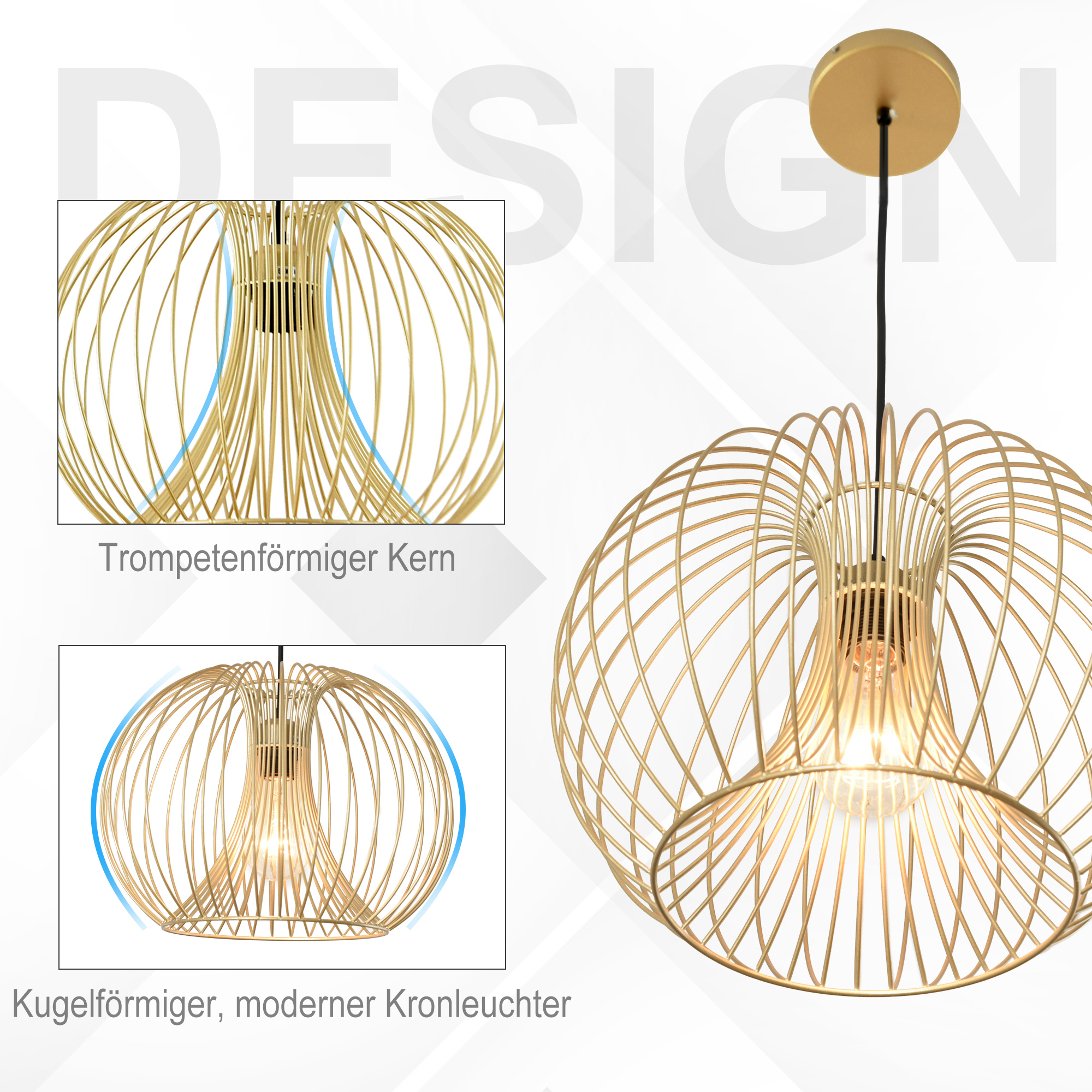 Hängeleuchte Deckenlampe moderne Pendelleuchte E27 40W Stahl Gold Ø37 x