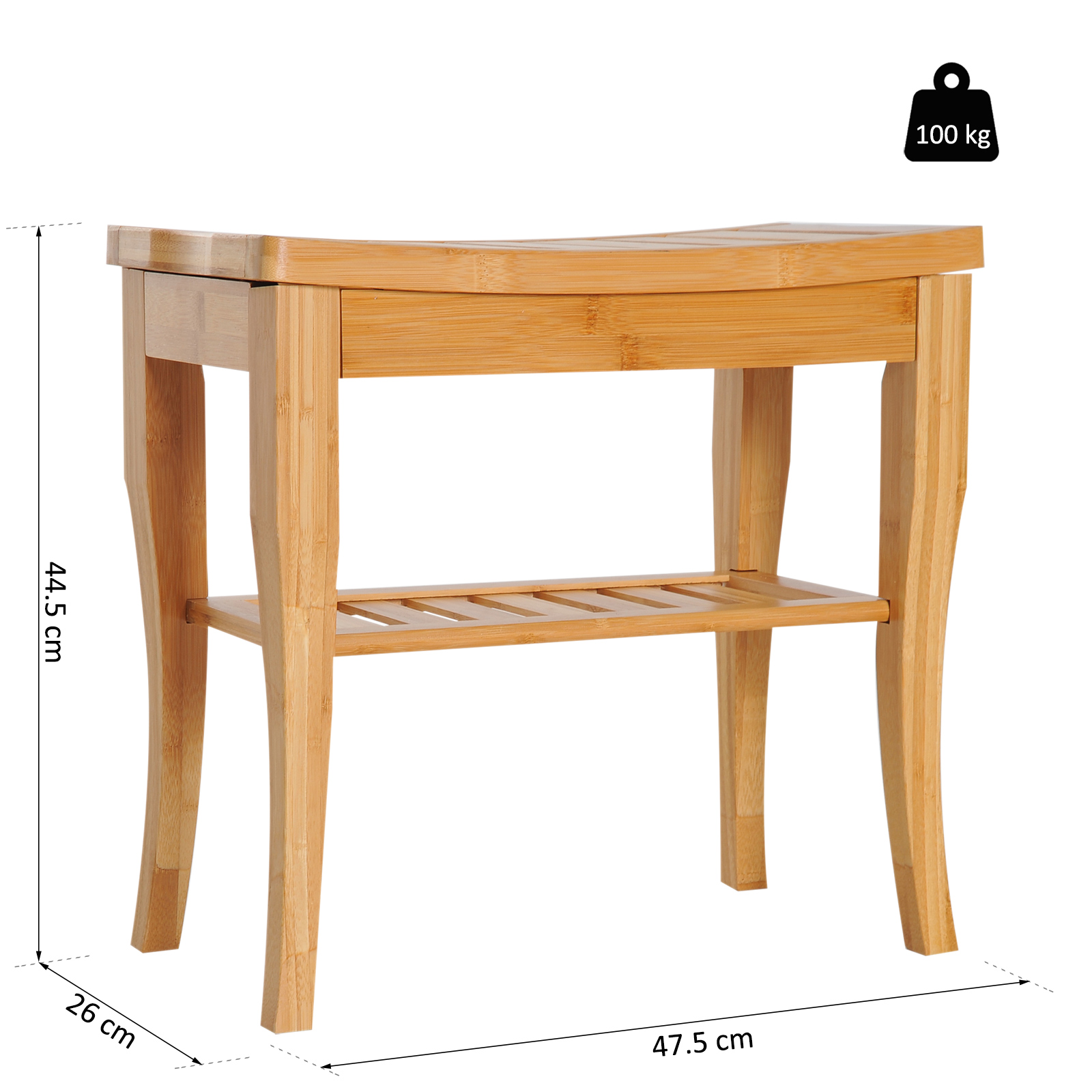 Sgabello Contenitore da Bagno in Bambu Naturale Panca con Ripiano portaoggetti Dimensioni 47,5 x 26 x 44,5 cm
