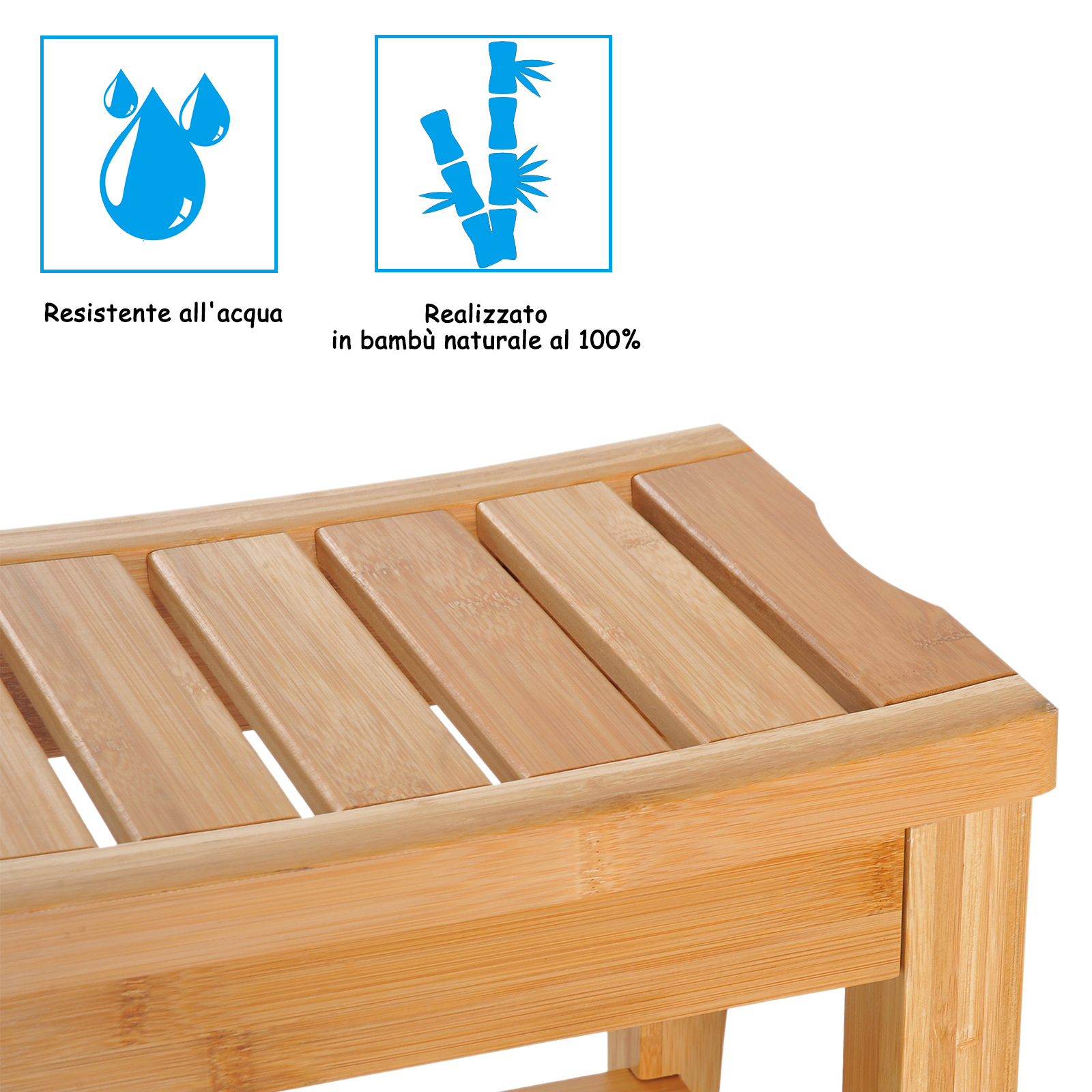 Sgabello Contenitore da Bagno in Bambu Naturale Panca con Ripiano portaoggetti Dimensioni 47,5 x 26 x 44,5 cm