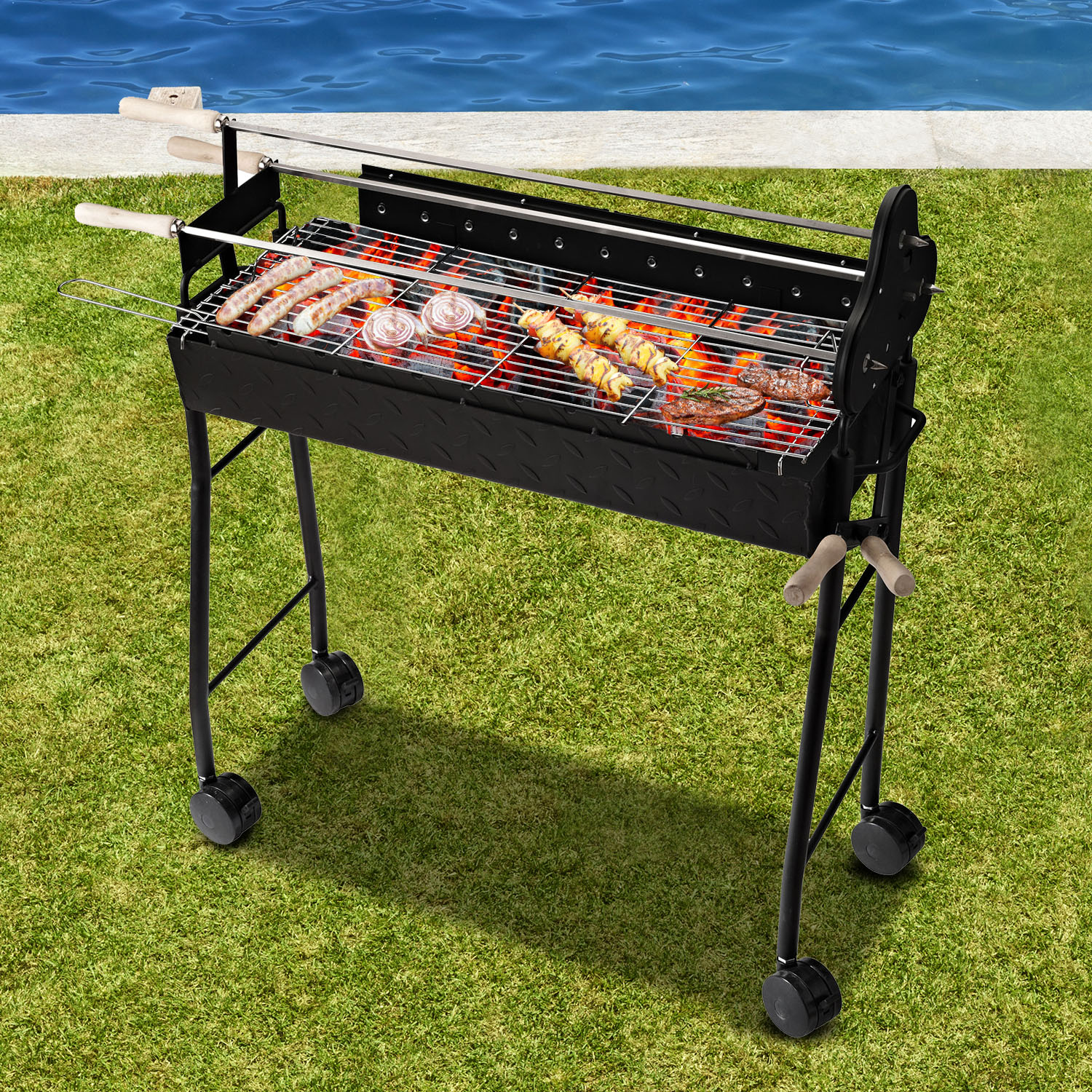 35.4" Portable Charcoal Grill Outdoor Barbecue Trolley BBQ Heat Smoker