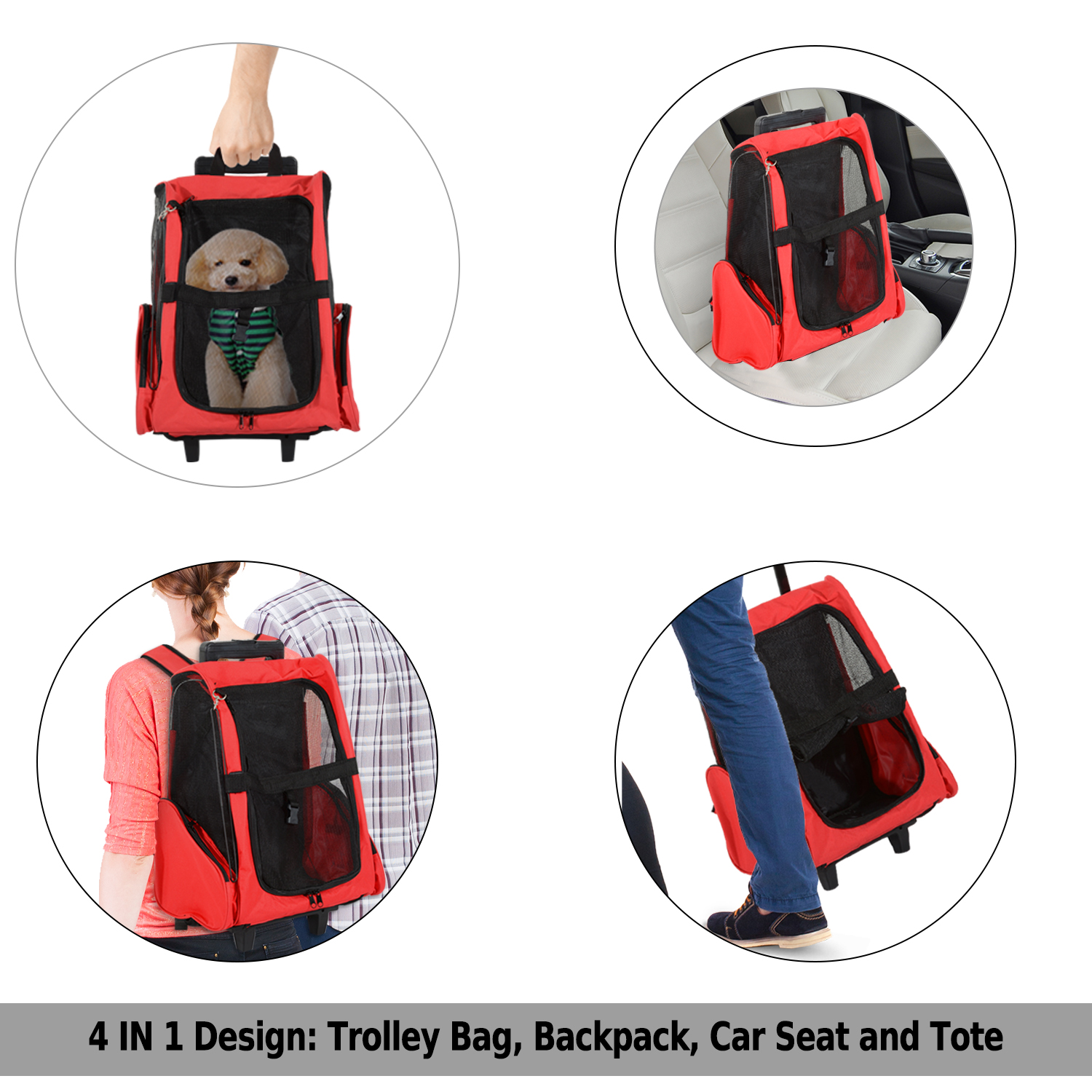 PawHut 4in1 Pet Backpack Carrier Car seat Dog Cat Rolling Luggage