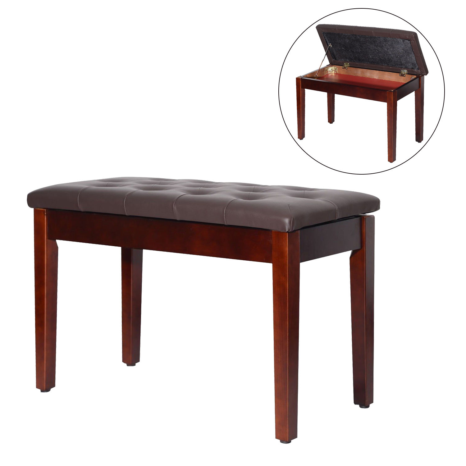 HOMCOM Leather Brown 2 Person Double Seat Piano Bench w/ Storage