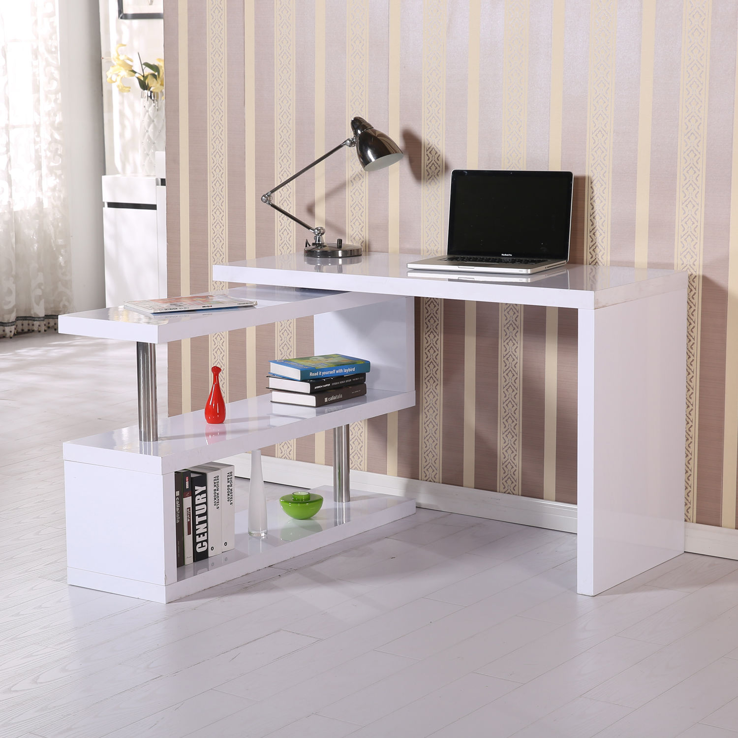 New Foldable Rotating Office Desk Writing Table Shelf Combo White 712190158774 eBay