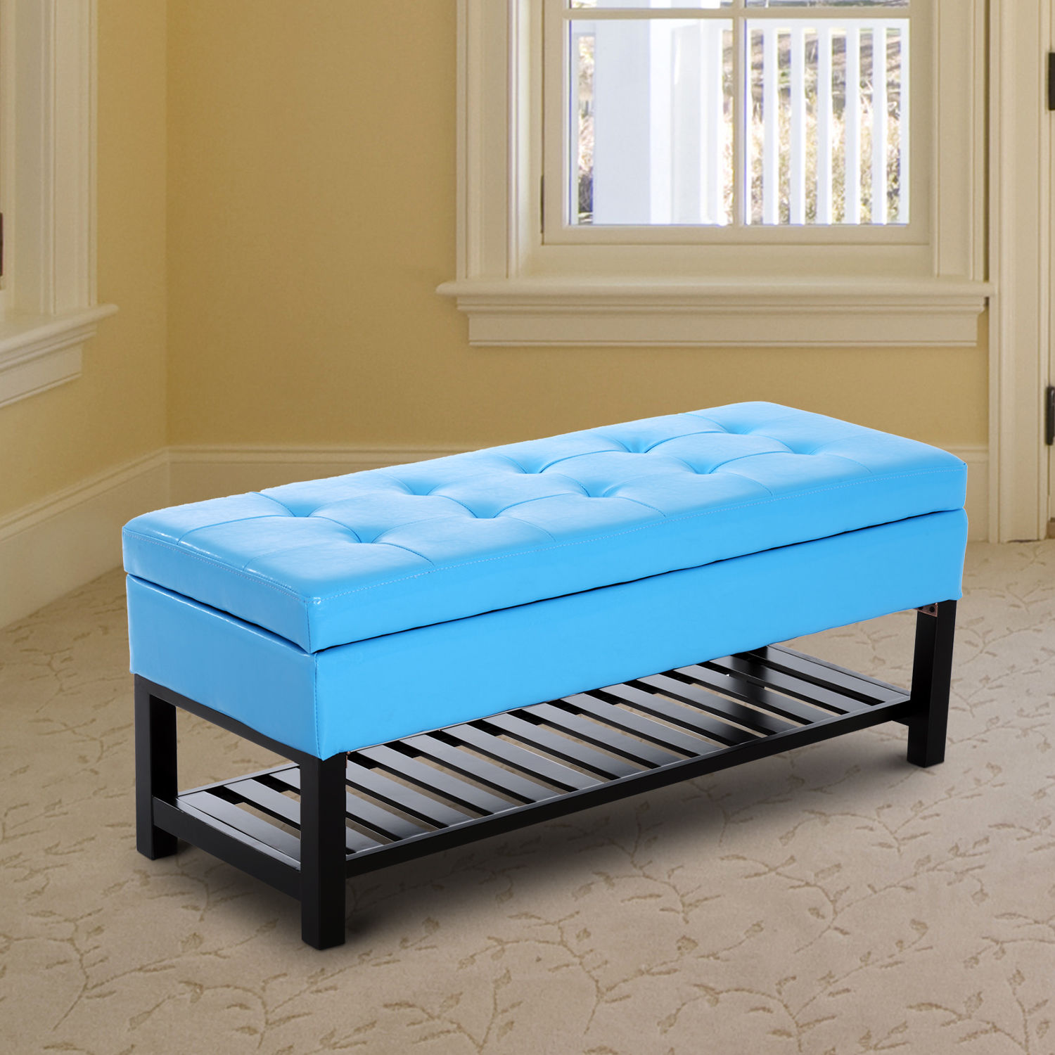 44" Brown Faux Leather Ottoman Bench Seat With Storage And Wooden Shoe