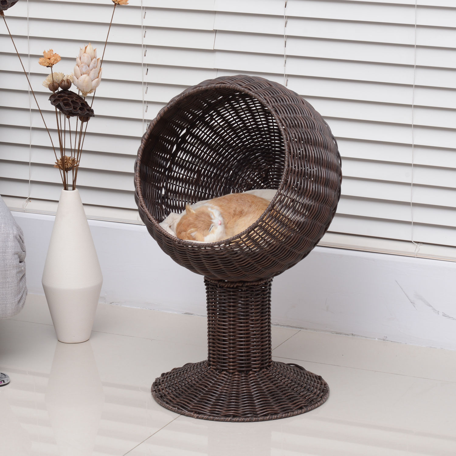 28" Rattan Wicker Elevated Pet Bed Cat Cave Condo Hooded Cushion Scratch House eBay