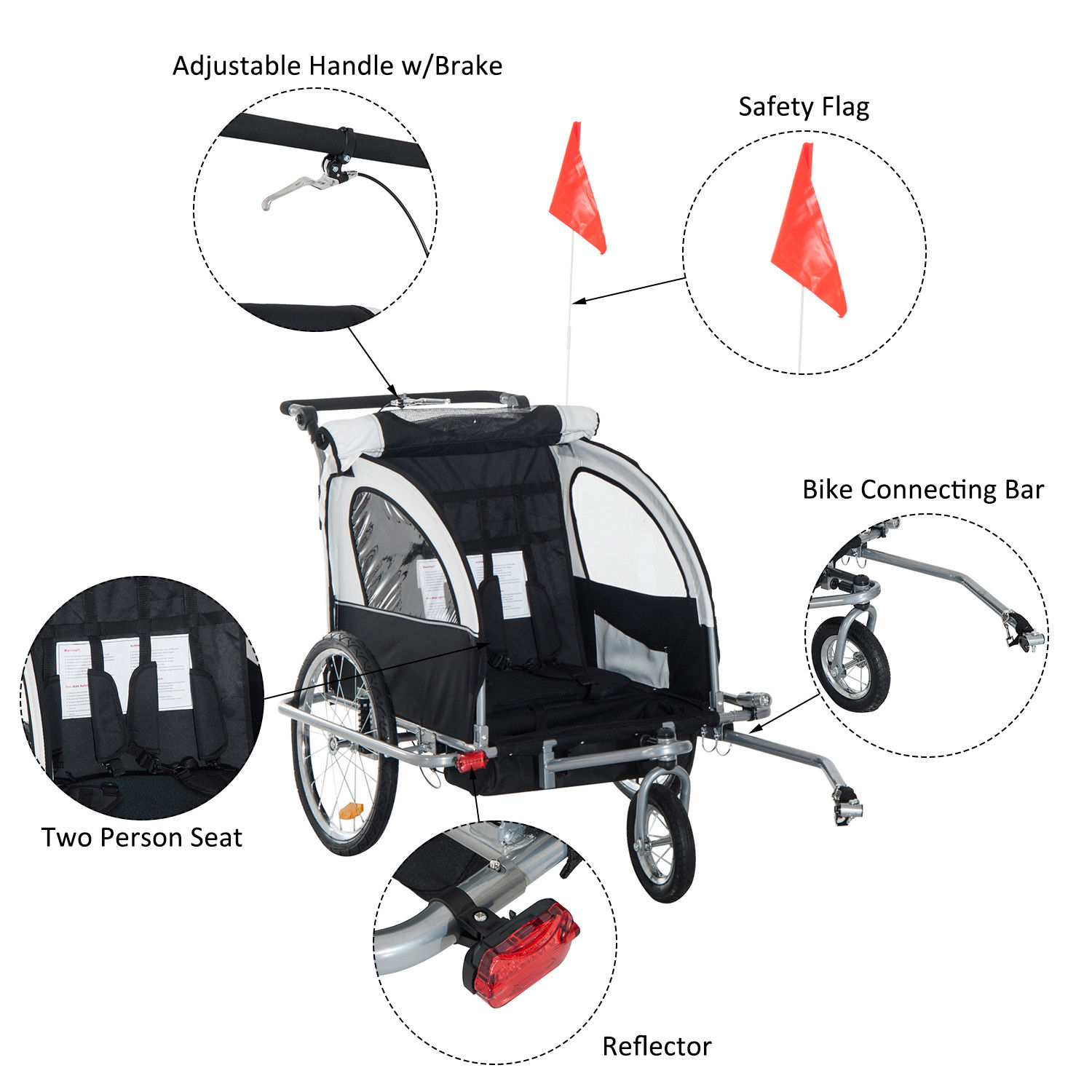 2Seater Child Bike Trailer Kids Carrier Safety Harness Baby Stroller