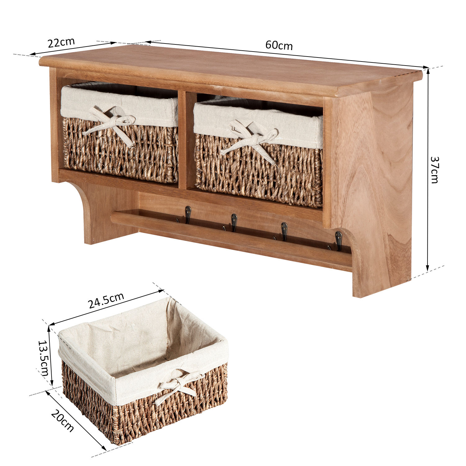 Wall Mounted Coat Hook Storage Unit 2 / 3 Baskets Organiser Shelf