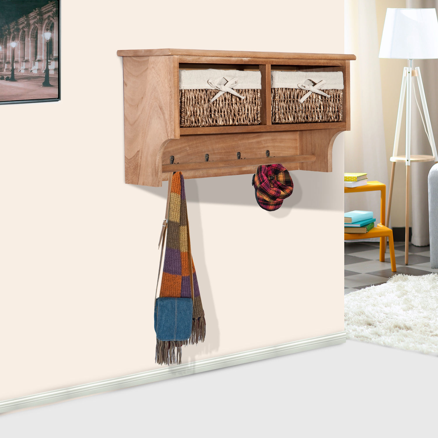 Wall Mounted Coat Hook Storage Unit 2 Cubby Holes Wicker Basket