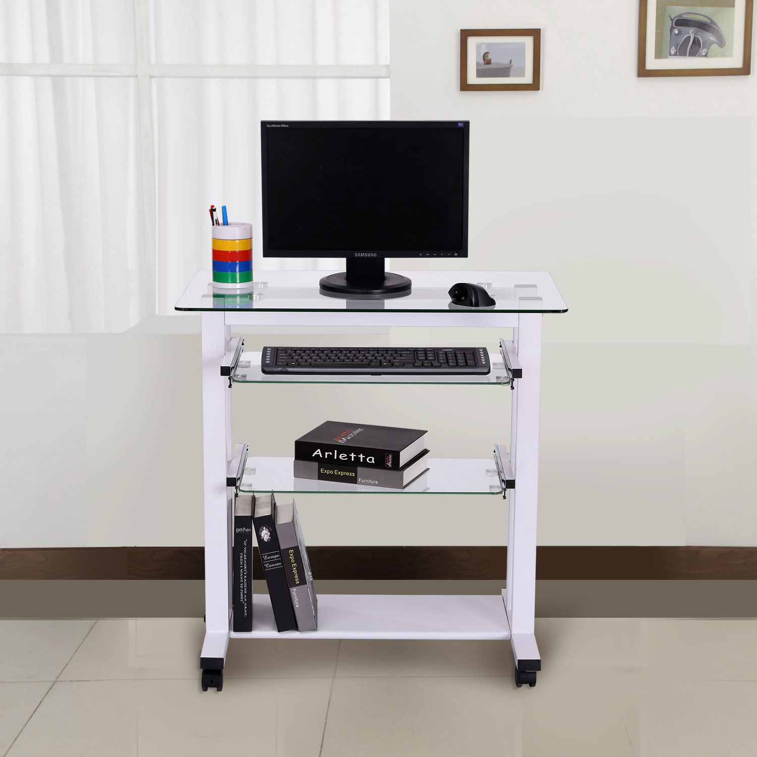 HOMCOM Computer Workstation Laptop PC Desk Glass Table Stand w/ Wheels ... Portable Workstation On Wheels