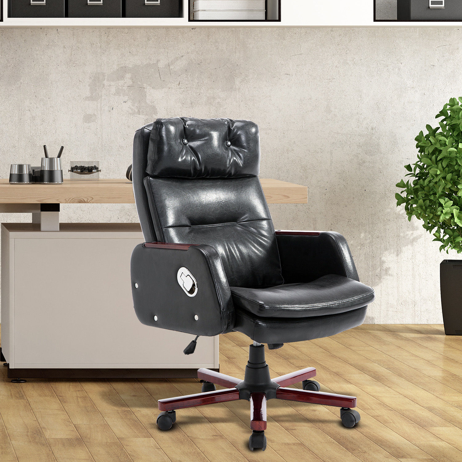 PU Leather Office Chair Adjustable Armrest Black Computer Swivel