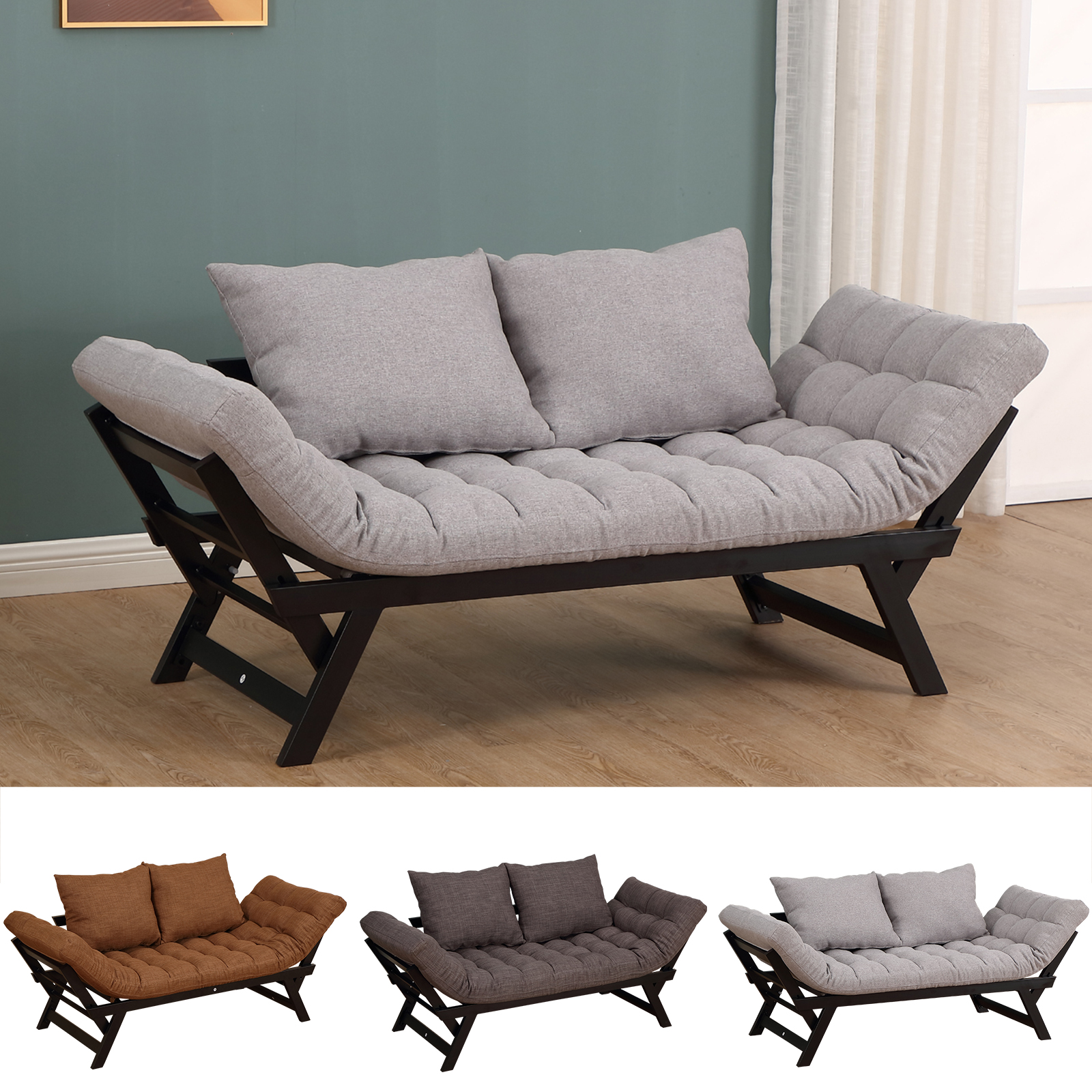 Schlafsofa Chaiselongue Sofabett 2-Sitzer Stoffsofa Metall Leinen 3