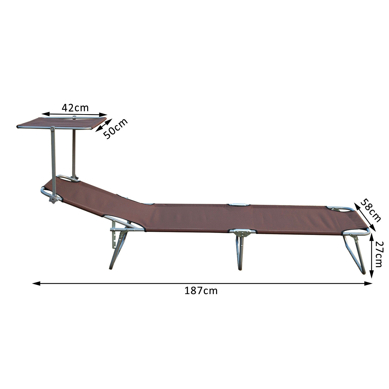 Outsunny Sdraio Prendisole con Tettuccio Parasole Pieghvole Schienale Reclinabile in 4 Livelli Marrone 187 x 58 x 27cm